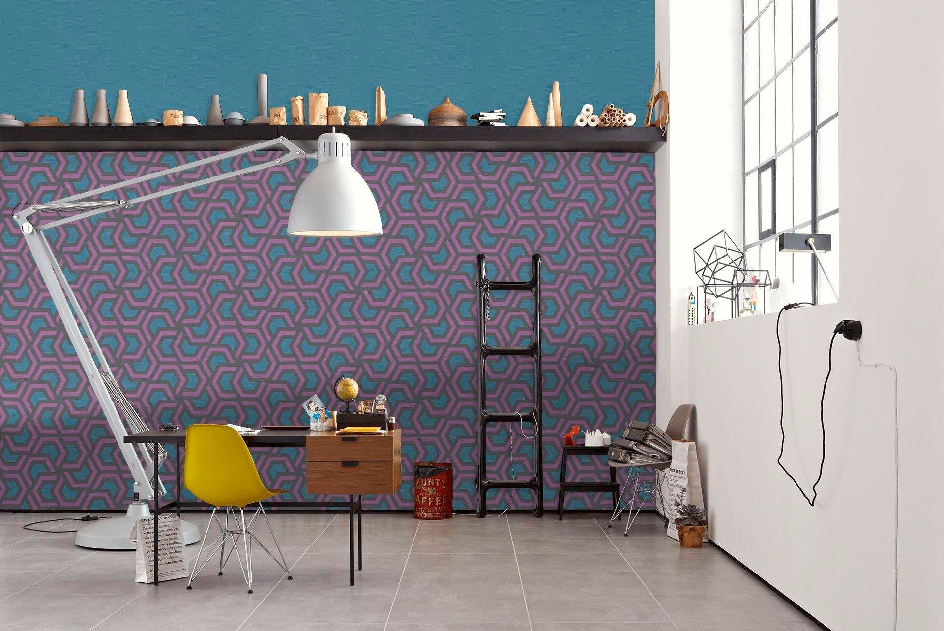 grafisch living Linen Style, geometrisch, Vliestapete walls Création A.S. violett/grau/blau