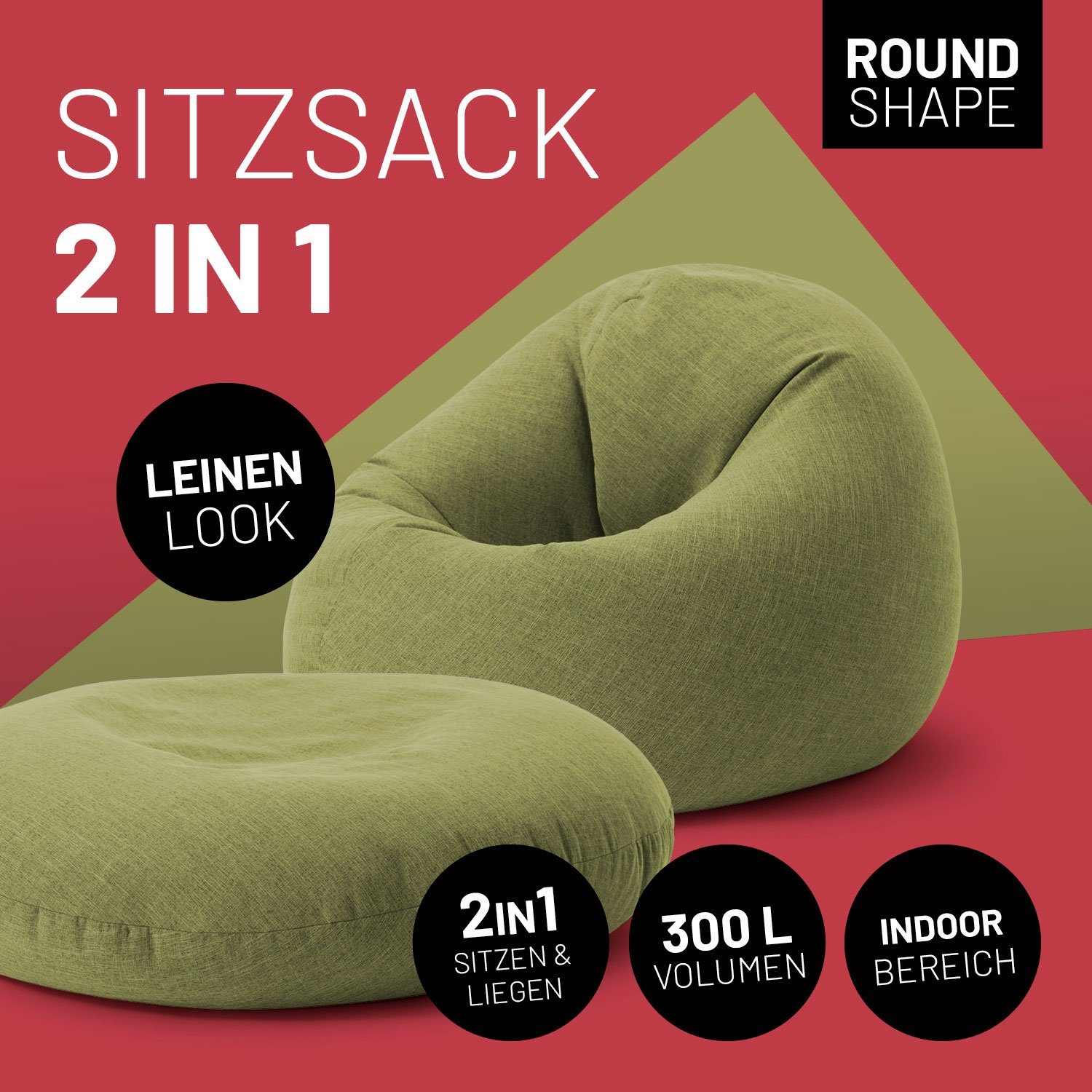 Lumaland Lime waschbar Liegekissen Line Interior Gaming robust Bean Lounge Bag 80x75x35 Bodenkissen Leinenlook, Sitzsack 300L