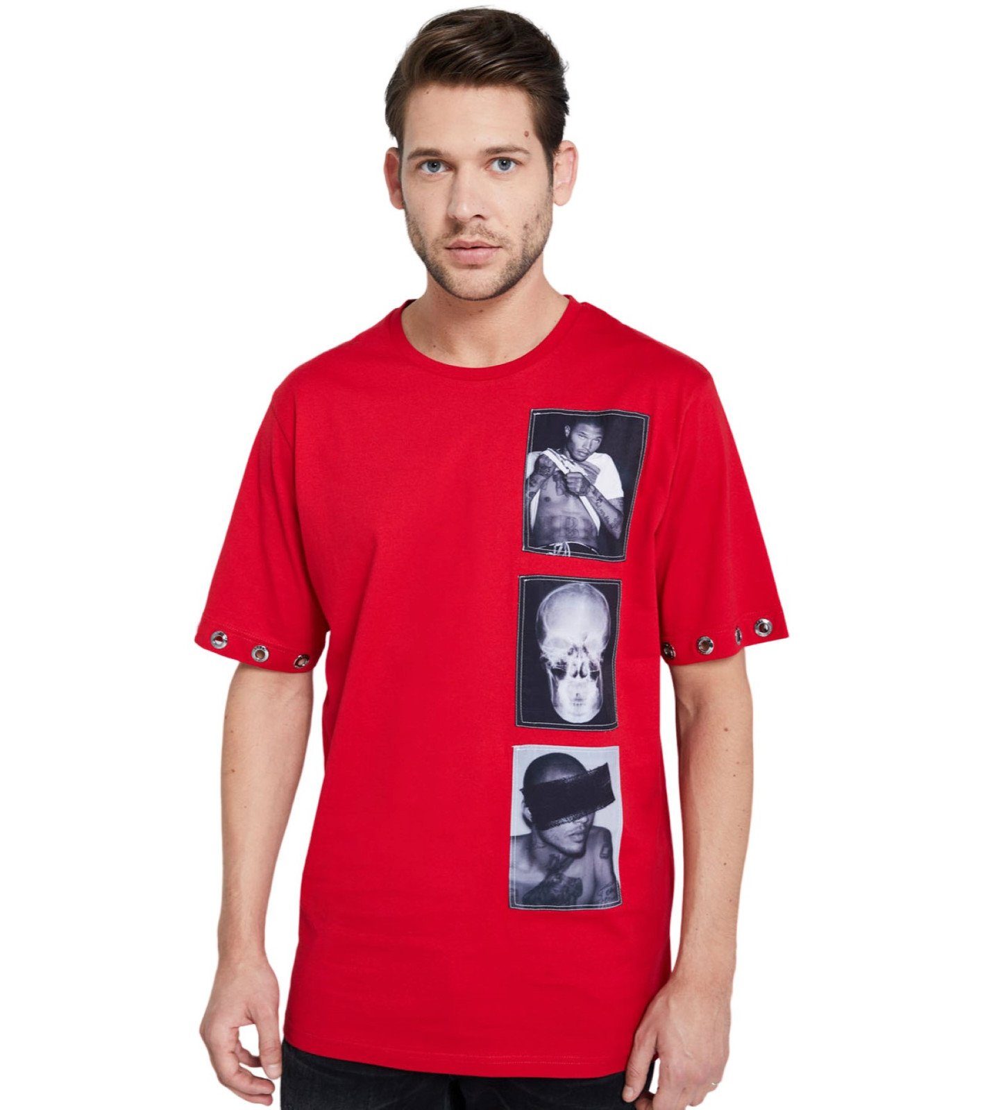 JEREMY MEEKS Rundhalsshirt JEREMY MEEKS Adone Herren Kurzarm-Shirt Sommer-Shirt mit Nieten am Armabschluss T-Shirt Rot