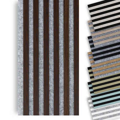 marbet design Wandpaneel, (Akustikpaneele 0,81 m² MDF Lamellenwand 8 Lamellenfarben Holz Optik - (1 Paneel - 2,7m, grau - Eiche dunkel) Lamellenverkleidung Holzwand natur)