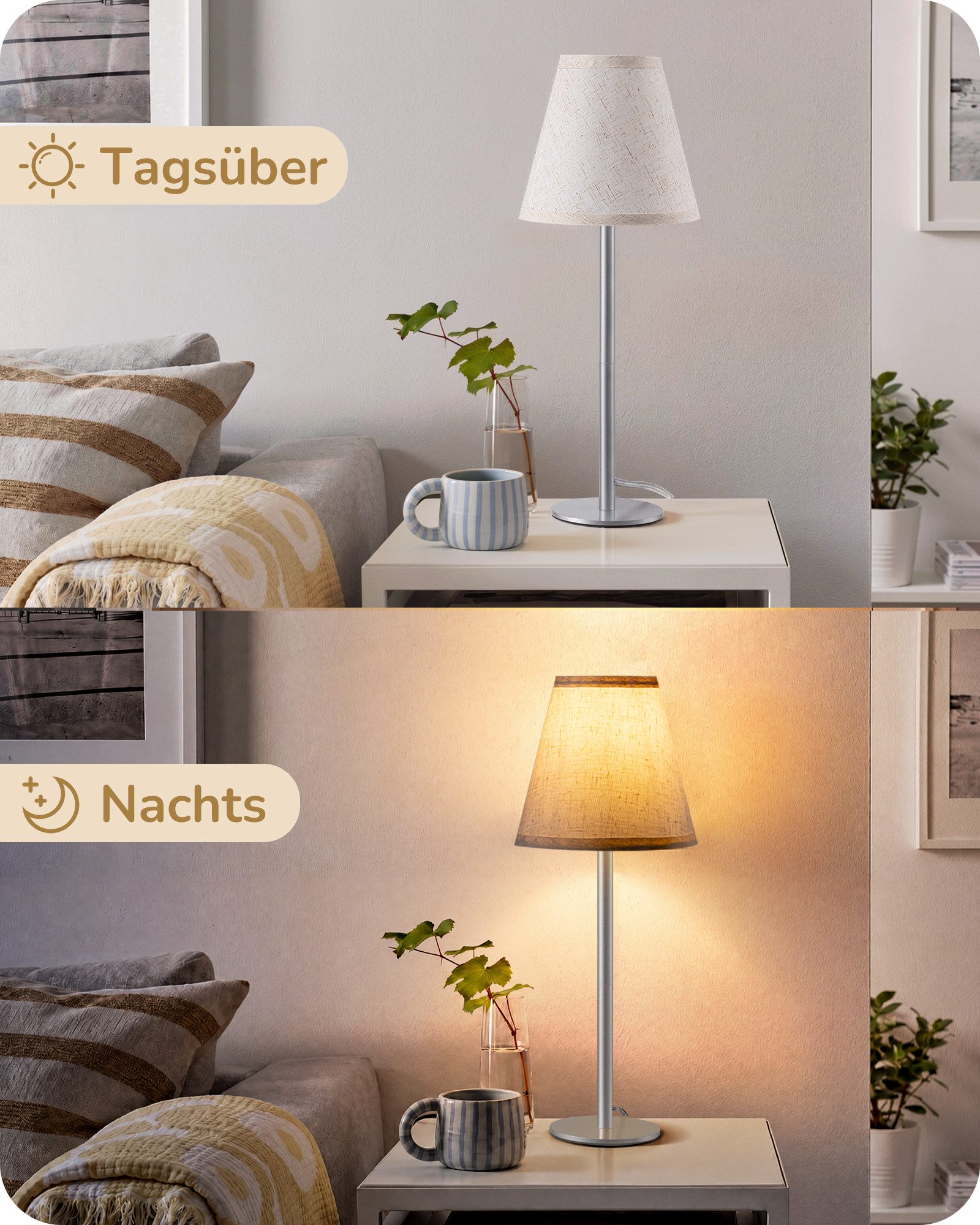 EDISHINE Nachttischlampe EDISHINE LED Nachttischlampen 2er-Set, Leinenschirm, 2700K Warmweiß, LED wechselbar, Tageslichtweiß, Tischlampe aus Metall, E27 Fassung – Bild 5 von 5