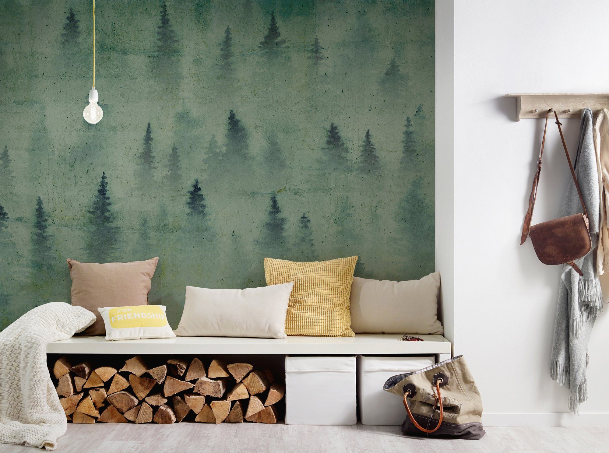 Decke Atelier dunkelgrün/hellgrün/creme St), glatt, (4 47 Coniferous Wald, Schräge, 1, Fototapete Vlies, Artwork Architects Paper Wand,