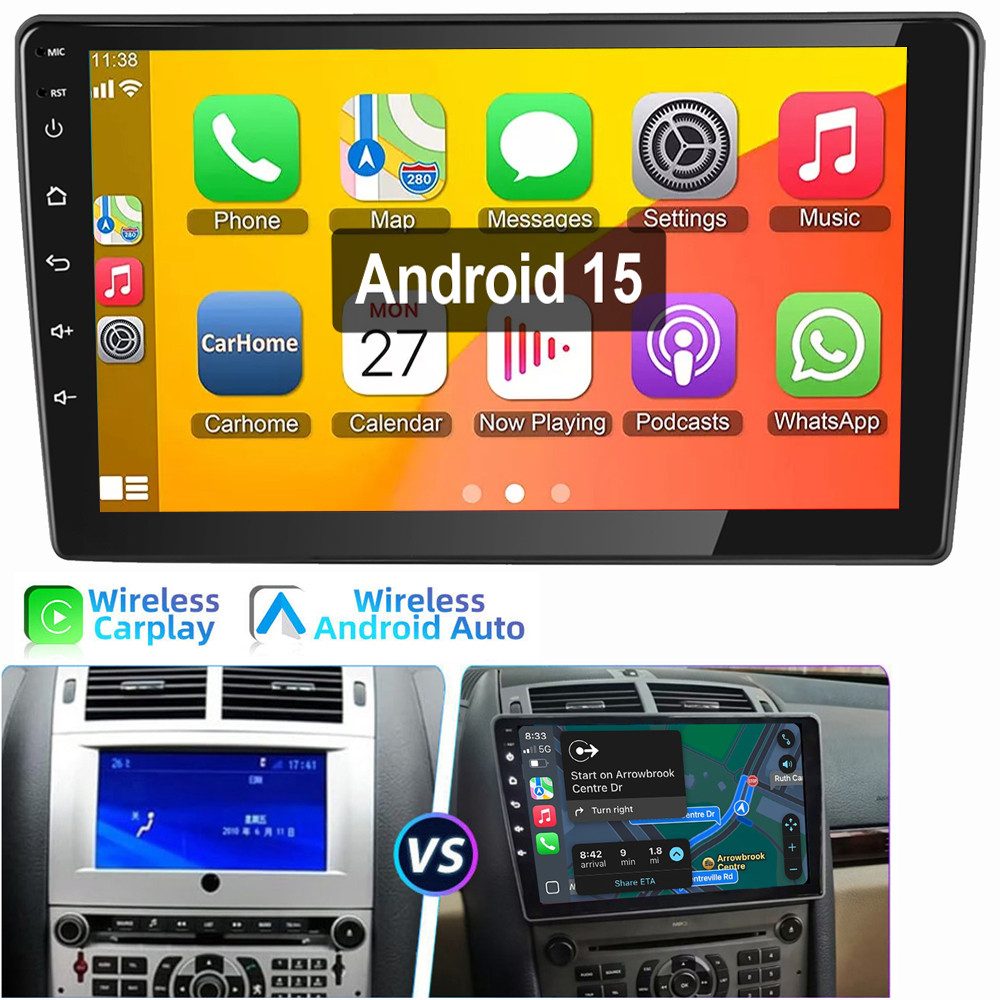 ESSGOO Für Peugeot 407 2004-2011 Android 15 Carplay Autoradio Autoradio (Digitalradio (DAB), FM, AM, 4+64G optiona, RDS, Android Auto SWC EQ)
