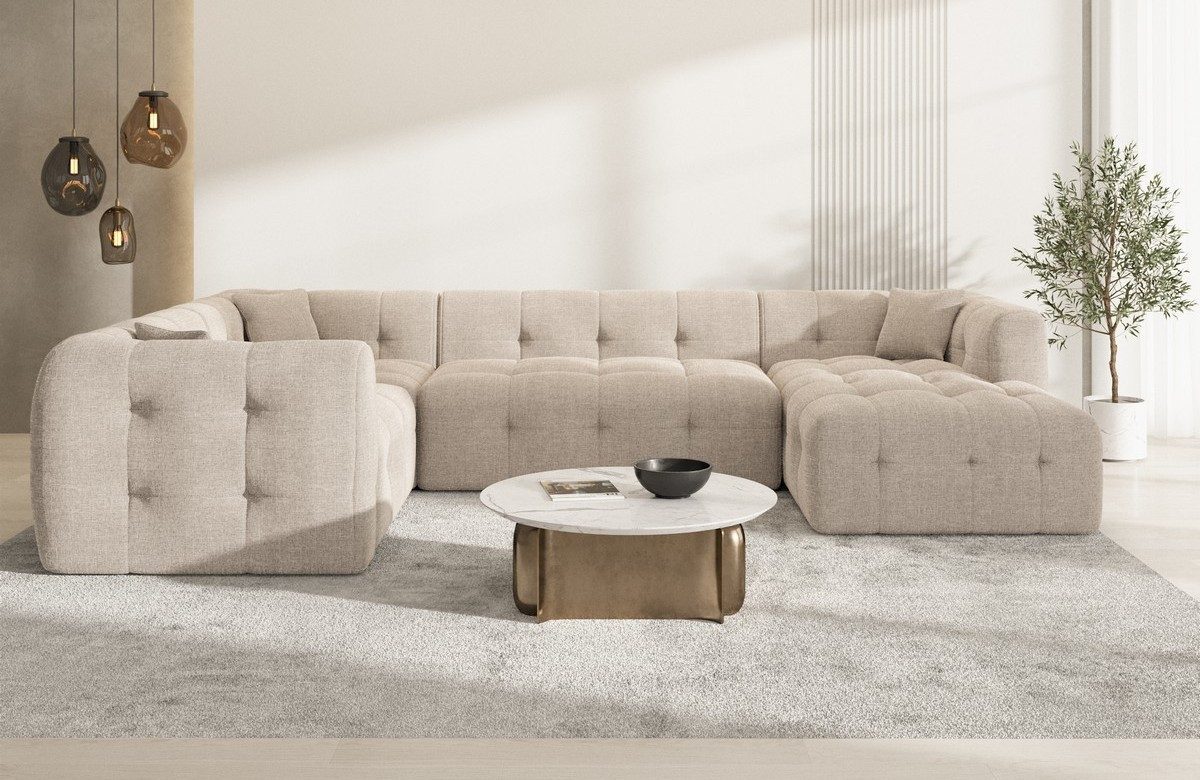 Sofa Dreams Wohnlandschaft Sevilla U Form Polster Loungesofa, 6-Sitzer, Loungesofa, Strukturstoff Beige, Ottomane rechts