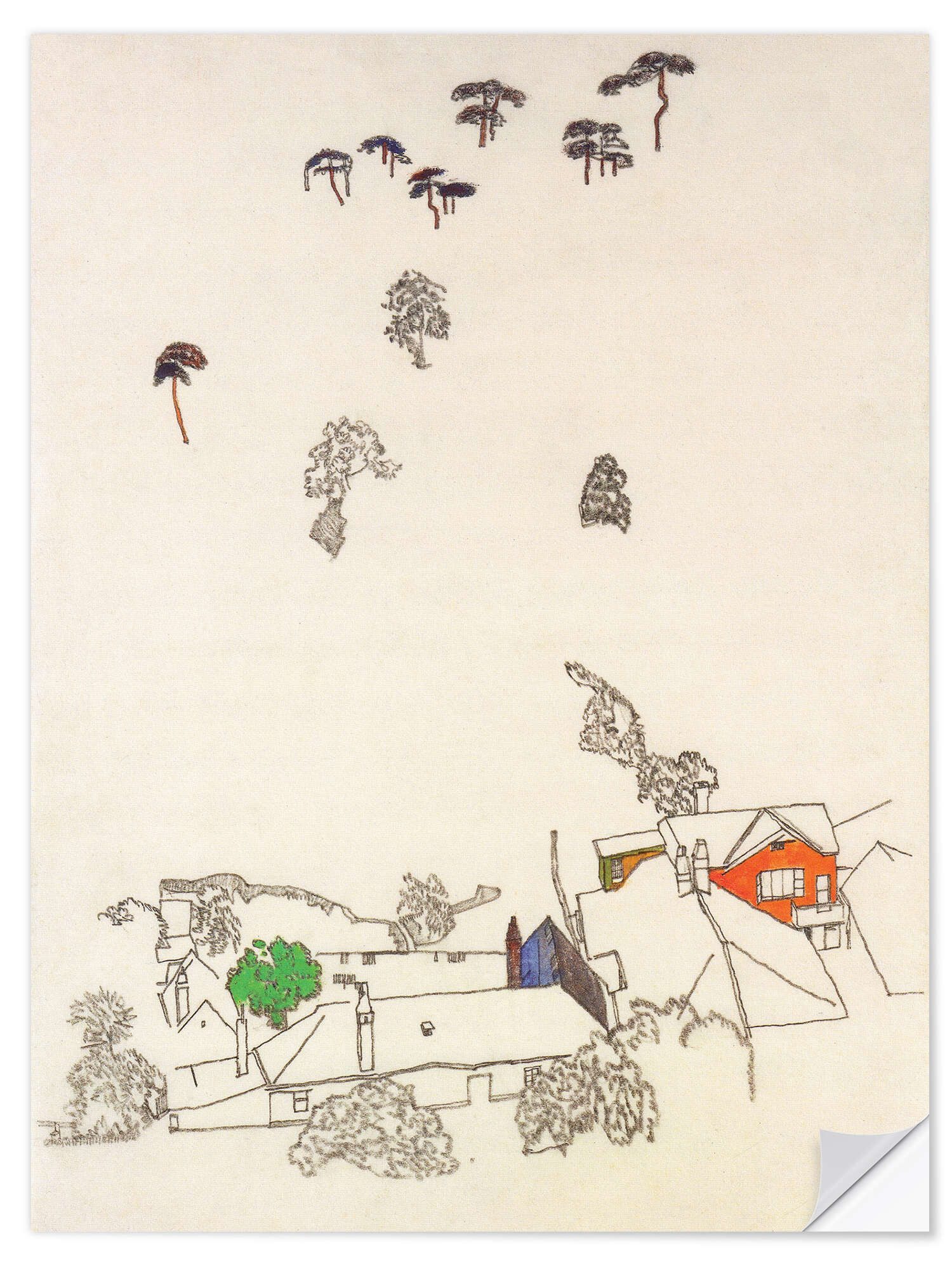 Posterlounge Wandfolie Egon Schiele, Häuser und Föhren bei Mödling, Wohnzimmer Japandi Malerei