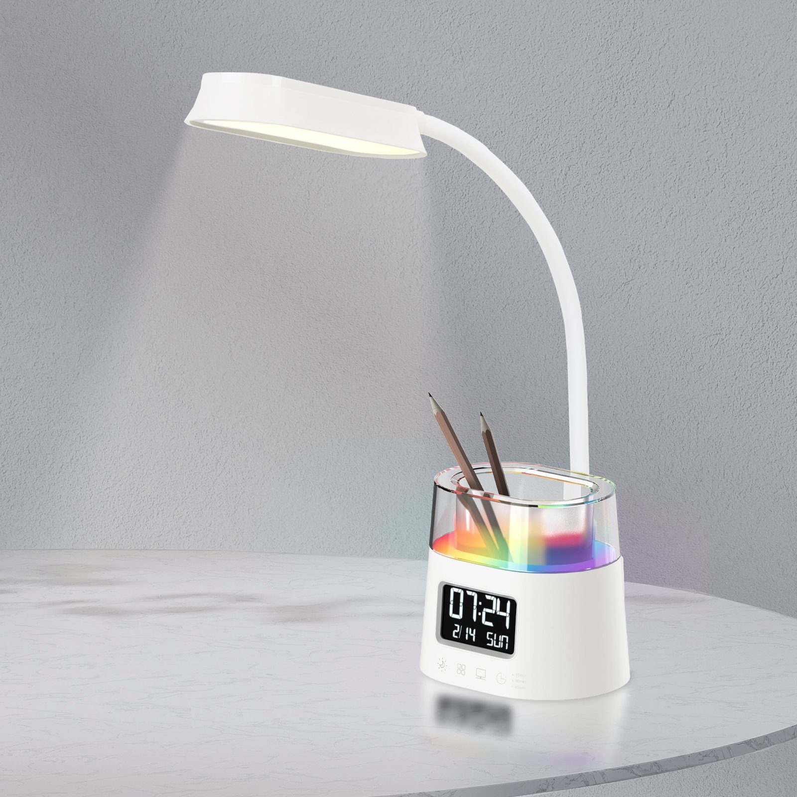 WILIT Schreibtischlampe Kinder Schreibtischlampe LED Nachttischlampe Touch mit Stifthalter, LED fest integriert, mit Stifthalter, Uhr und Kalender, mit Atmosphärenlicht Farbwechsel RGB Weiß
