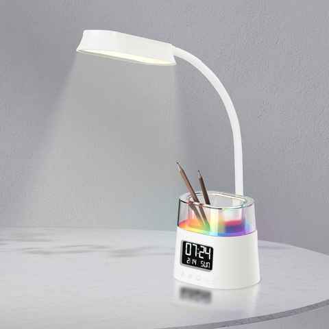 WILIT Schreibtischlampe Kinder Schreibtischlampe LED Nachttischlampe Touch mit Stifthalter, LED fest integriert, mit Stifthalter, Uhr und Kalender, mit Atmosphärenlicht Farbwechsel RGB
