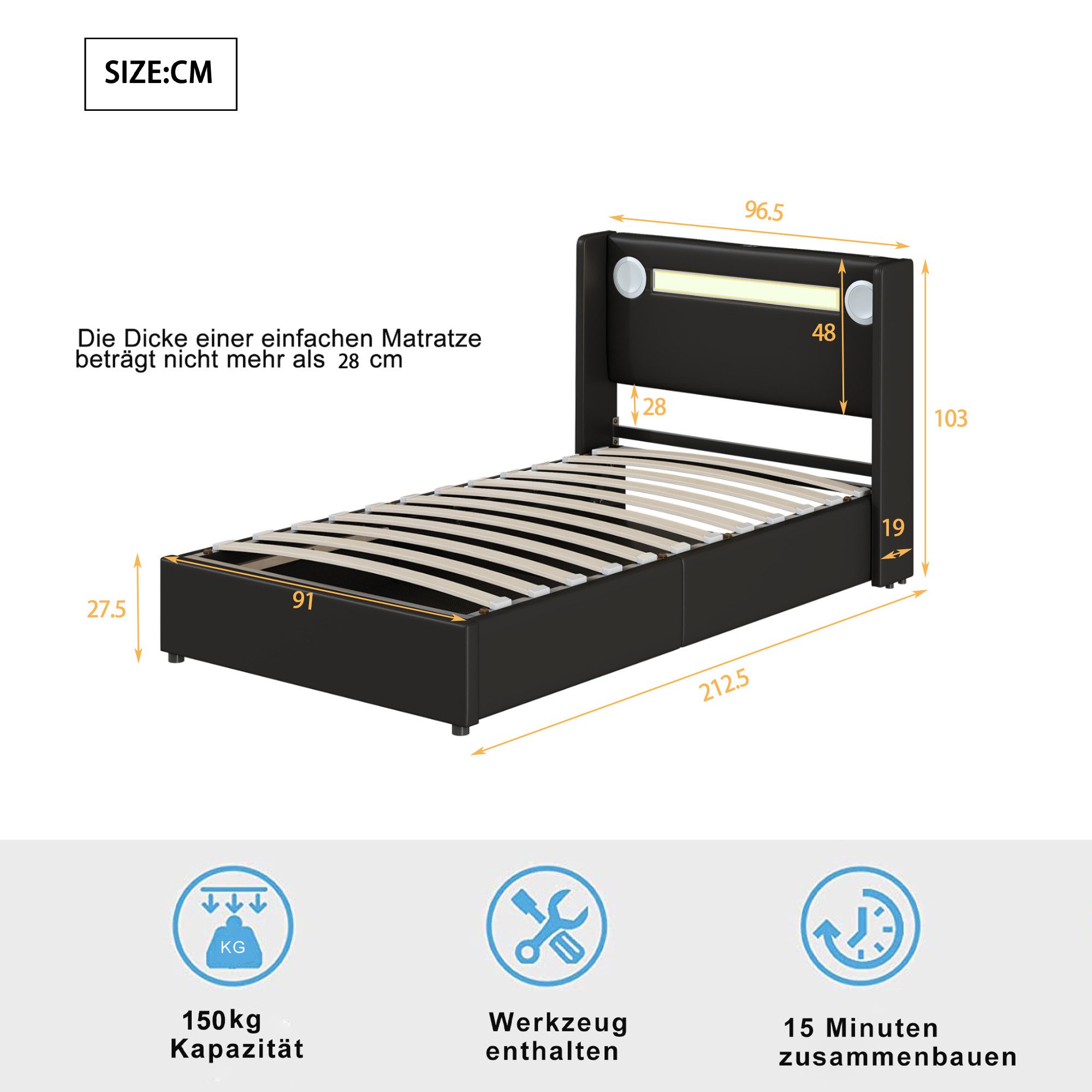 MC Star Bett Polsterbett Kinderbett Bett mit LED-Lichtleiste (Bluetooth-Player und USB-Aufladung, PU-Leder-Aufbewahrungsbett, Hochbettkasten, Jugendbett mit Lattenrost)