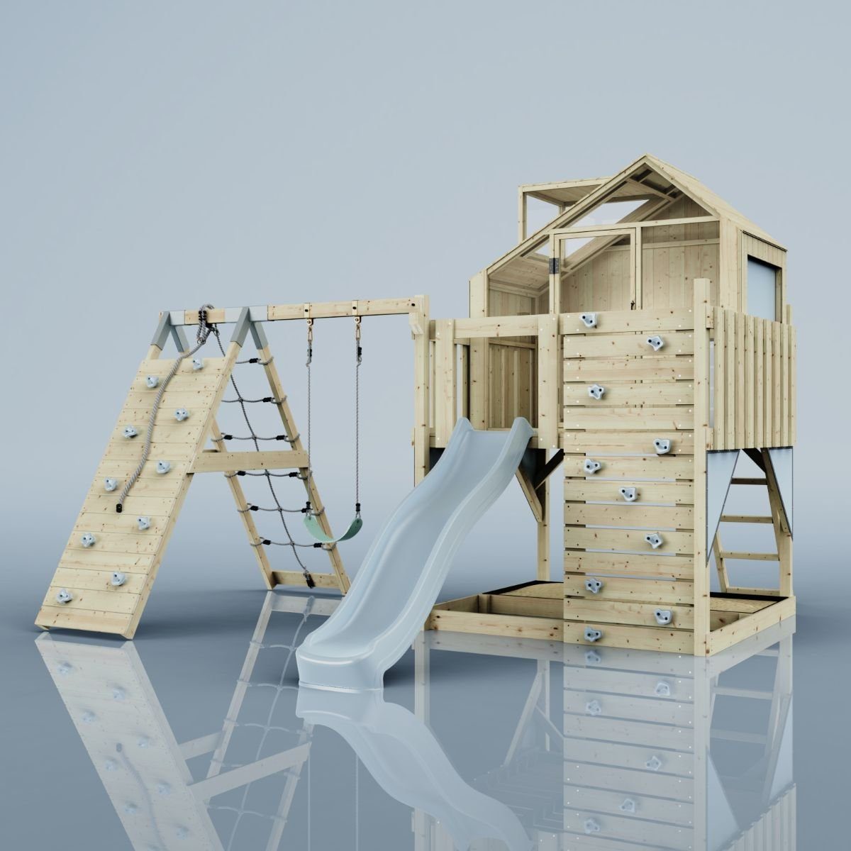 OutdoorToys Spielturm Anika, aus Holz in Eisblau mit Kinderschaukel & Rutsche, Kletterwand