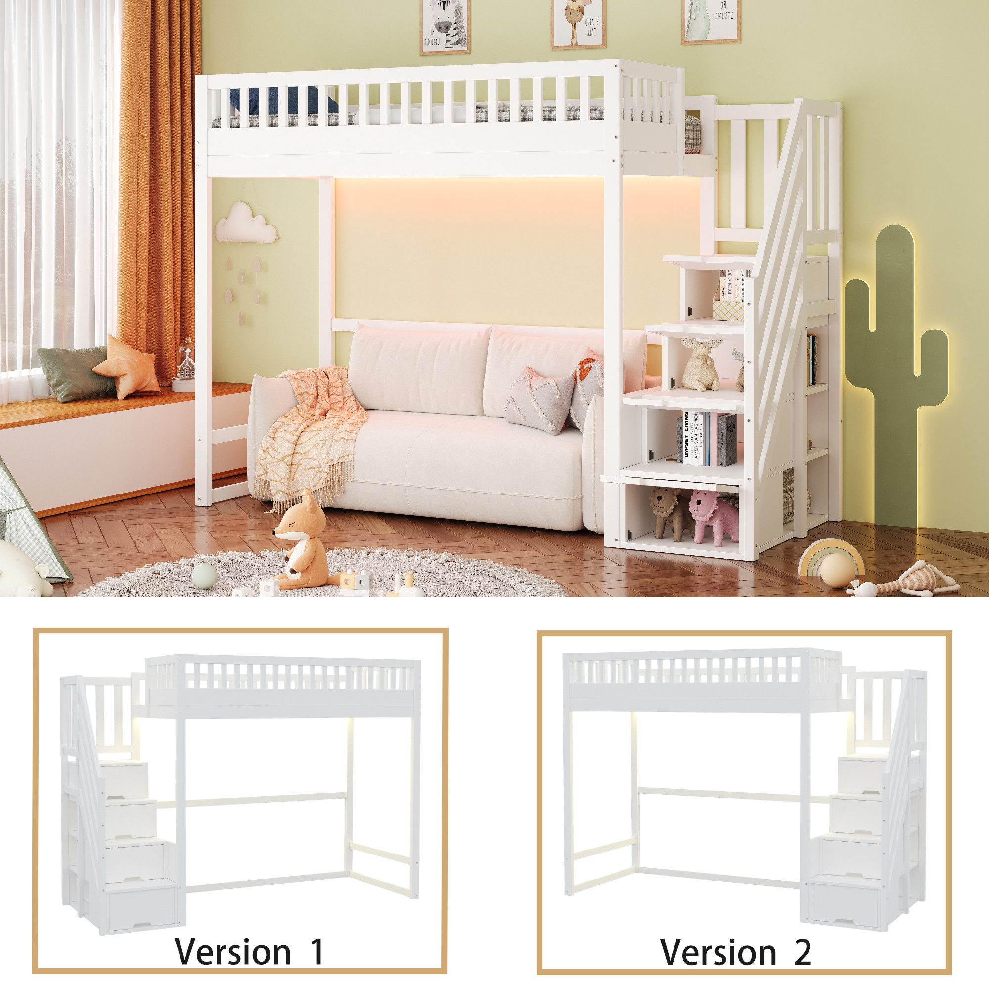 OKWISH Hochbett Jugendbett Stauraumbett (mit LED-Lichtleiste, massiver Kiefernholzrahmen, Sicherheitsgeländer und austauschbaren Sicherheitsleitern, 90x200 cm) ohne Matratze