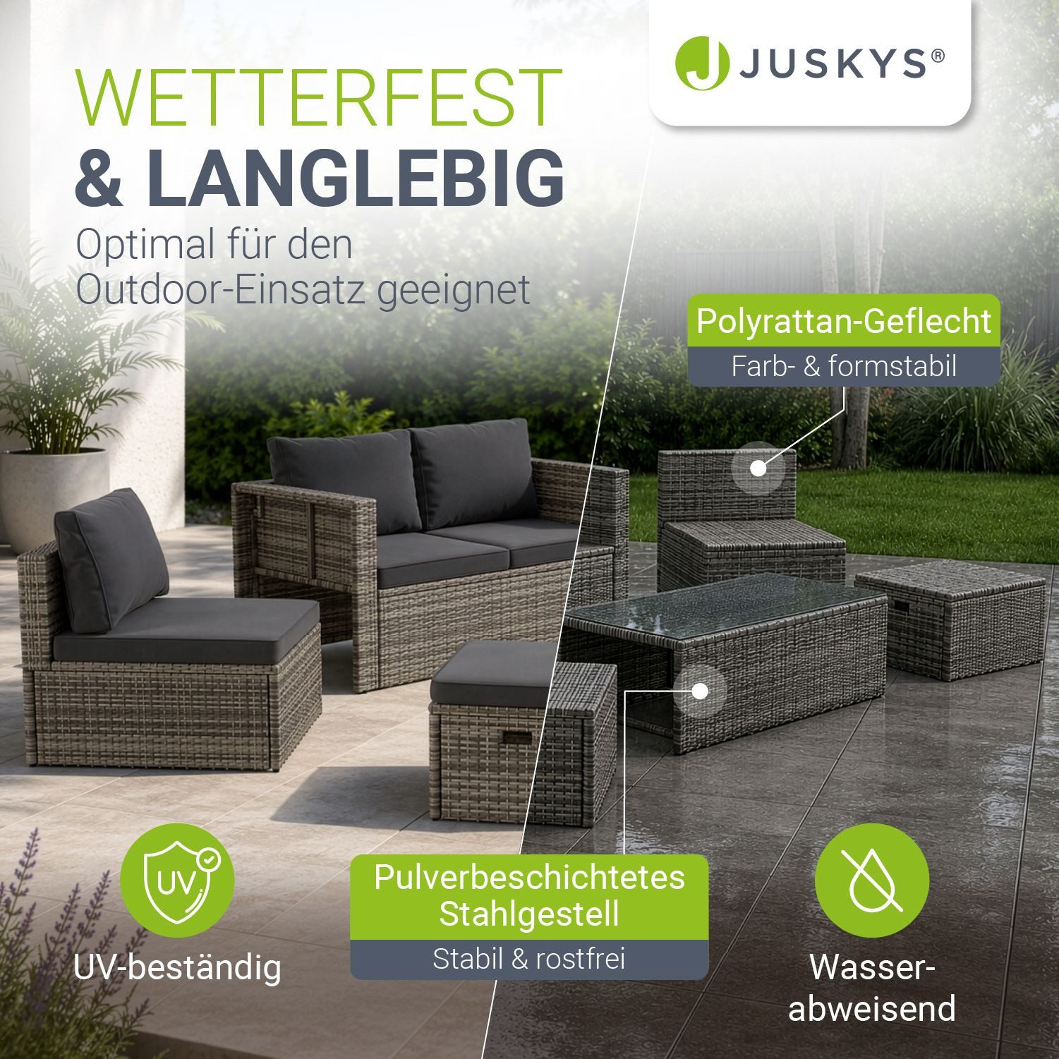 Juskys Gartenlounge-Set Salou, (6-tlg), für 6 Personen, Polyrattan, Glasplatte, wetterfest, mit Kissen