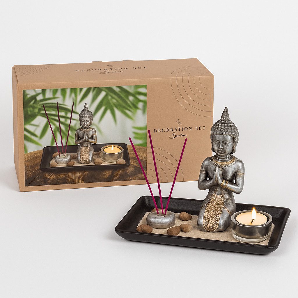 what the shop Dekotablett Buddha Deko-Set, Schwarzes Holztablet, Teelichtha günstig online kaufen