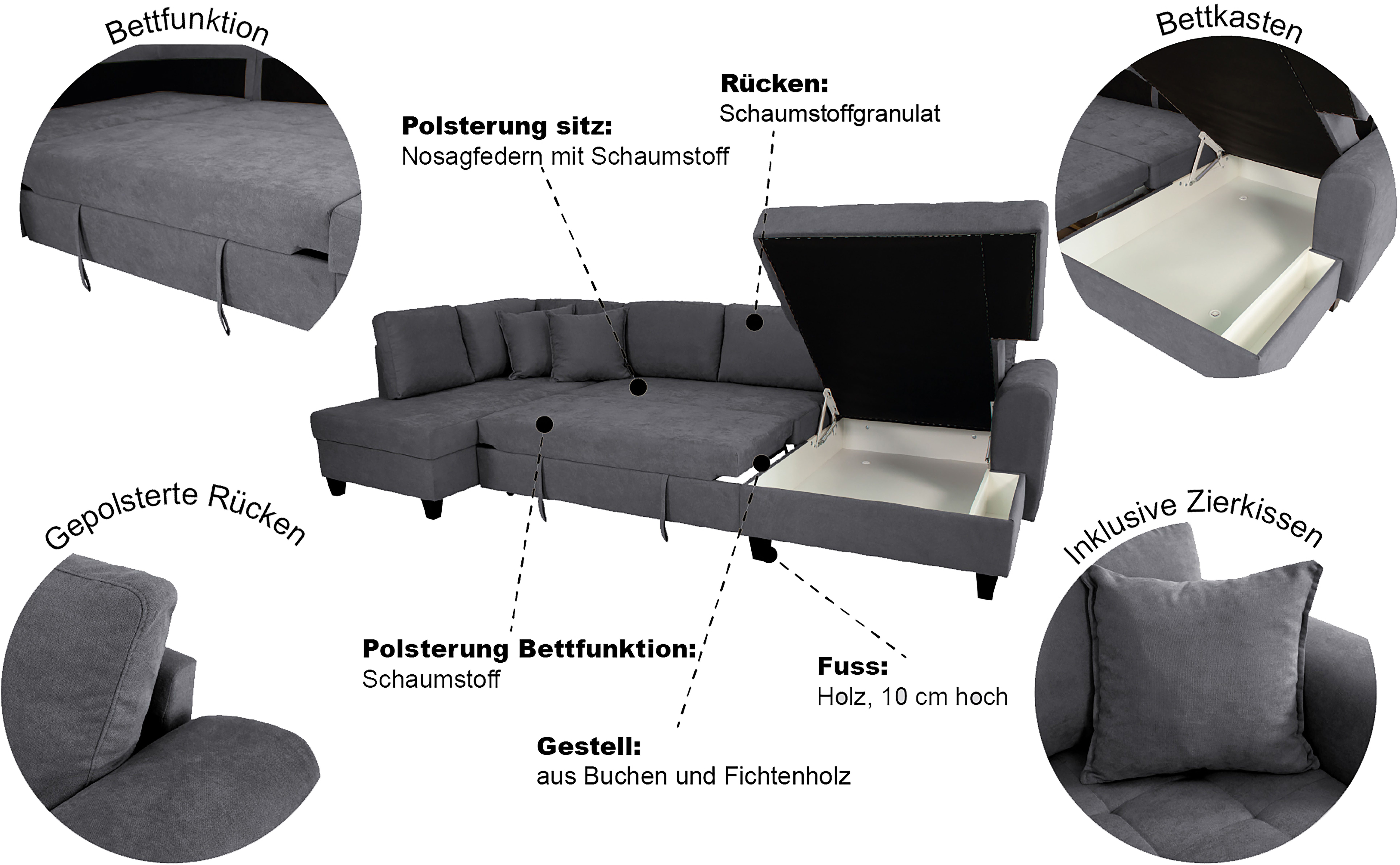 Trends by HG Wohnlandschaft Moritz U-Form, B: 324 cm, mit Bettfunktion, Bettkasten & Zierkissen