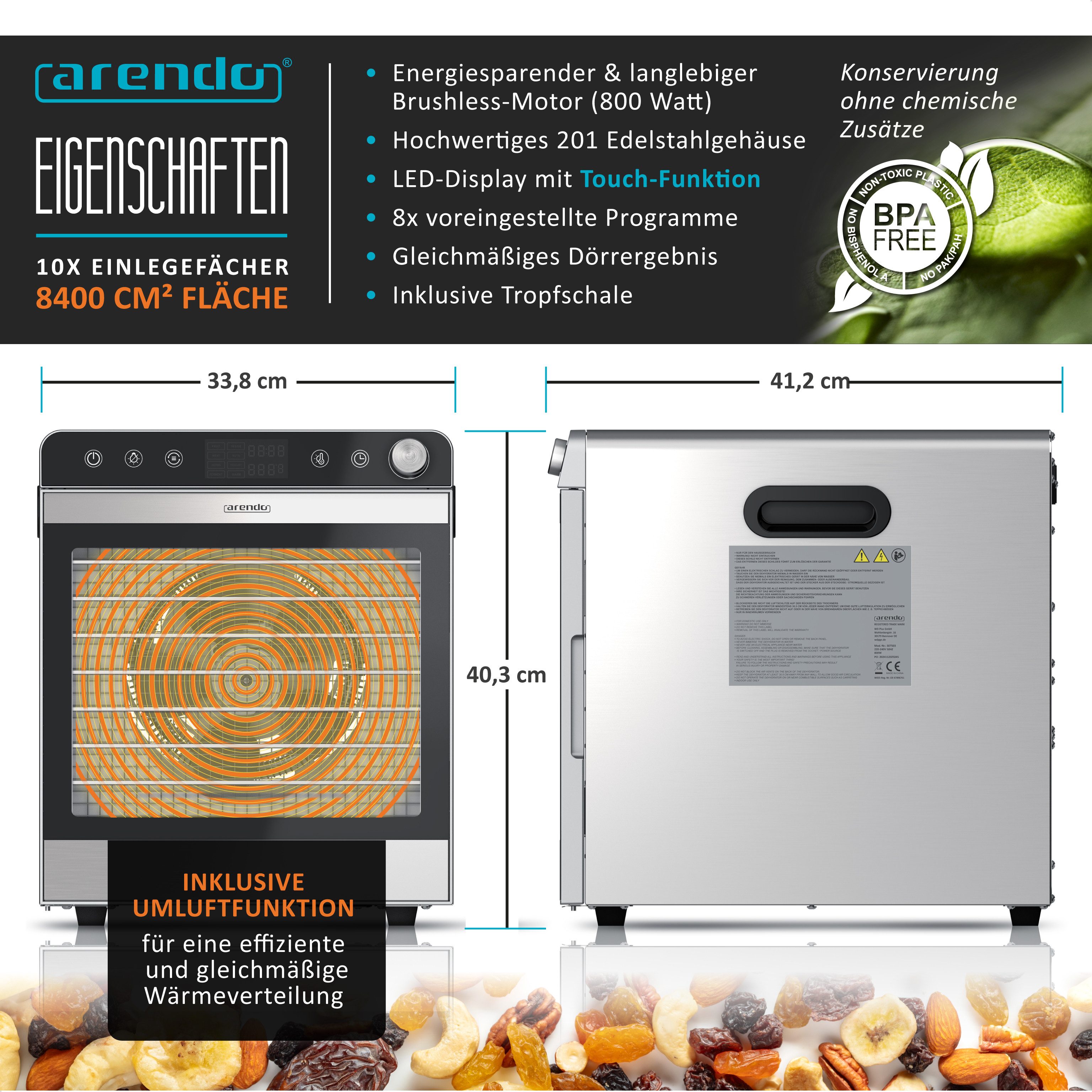 Arendo Dörrautomat Edelstahl, Temperaturregler von 30° bis 85°C, Dörrgerät, Dehydrator 800 W, 10 Etagen, Obst, Fisch, Fleisch Dörrapparat, Obsttrockner, Timer 0,5-24 Stunden