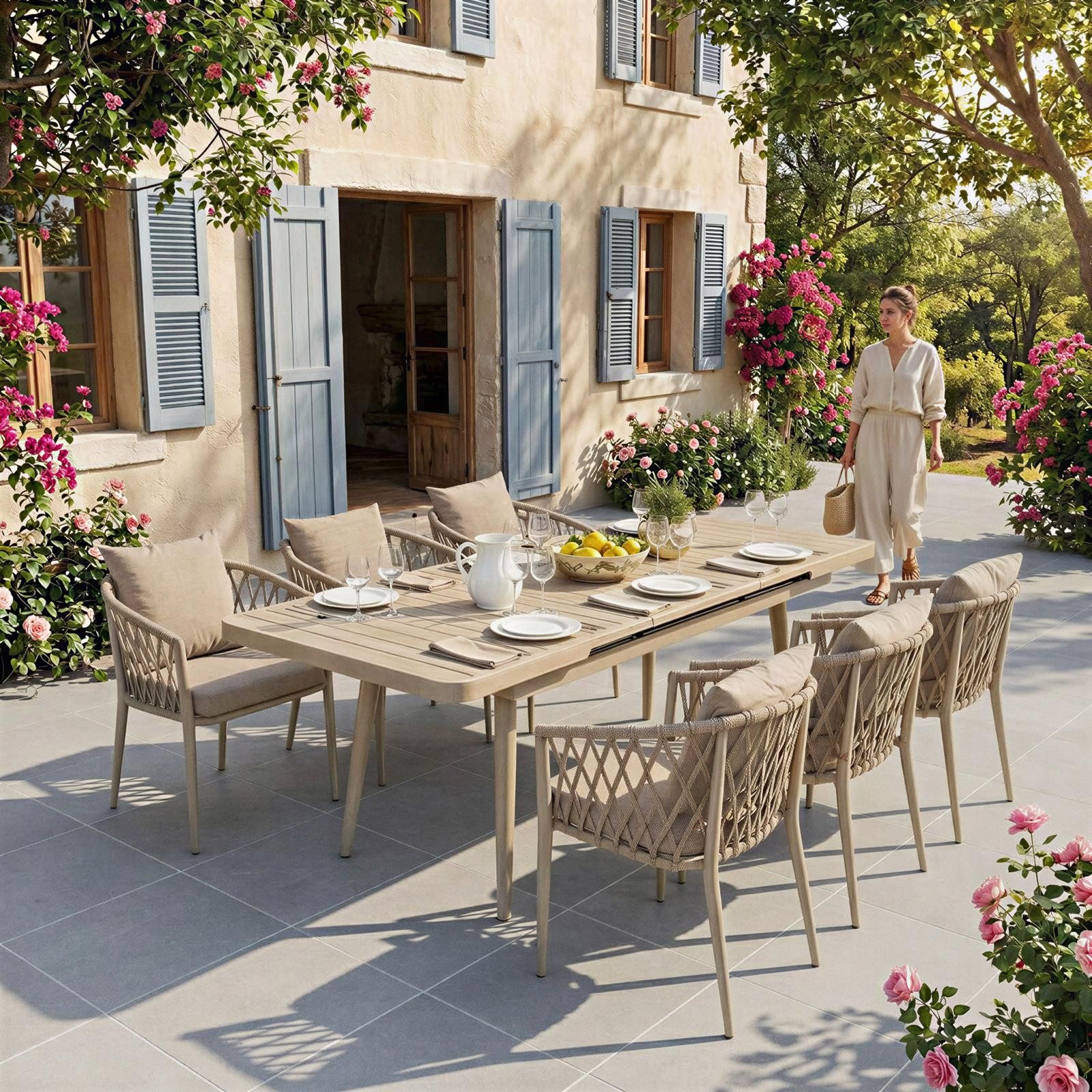 IDIMEX Garten-Essgruppe SUNNY, (7-tlg), Gartenmöbel Set mit 6 Stühlen & ausziehbarem Tisch Champagner/Beige