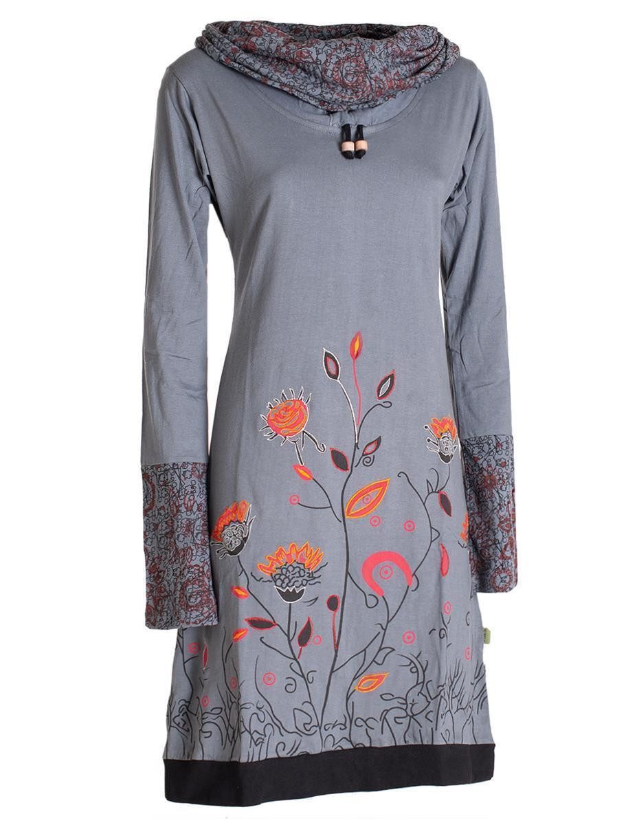 Vishes Jerseykleid Blumen-Kleid Langarm-Shirtkleid Schal-Kragen Baumwolle Hippie, Goa, Ethno Elfen Style