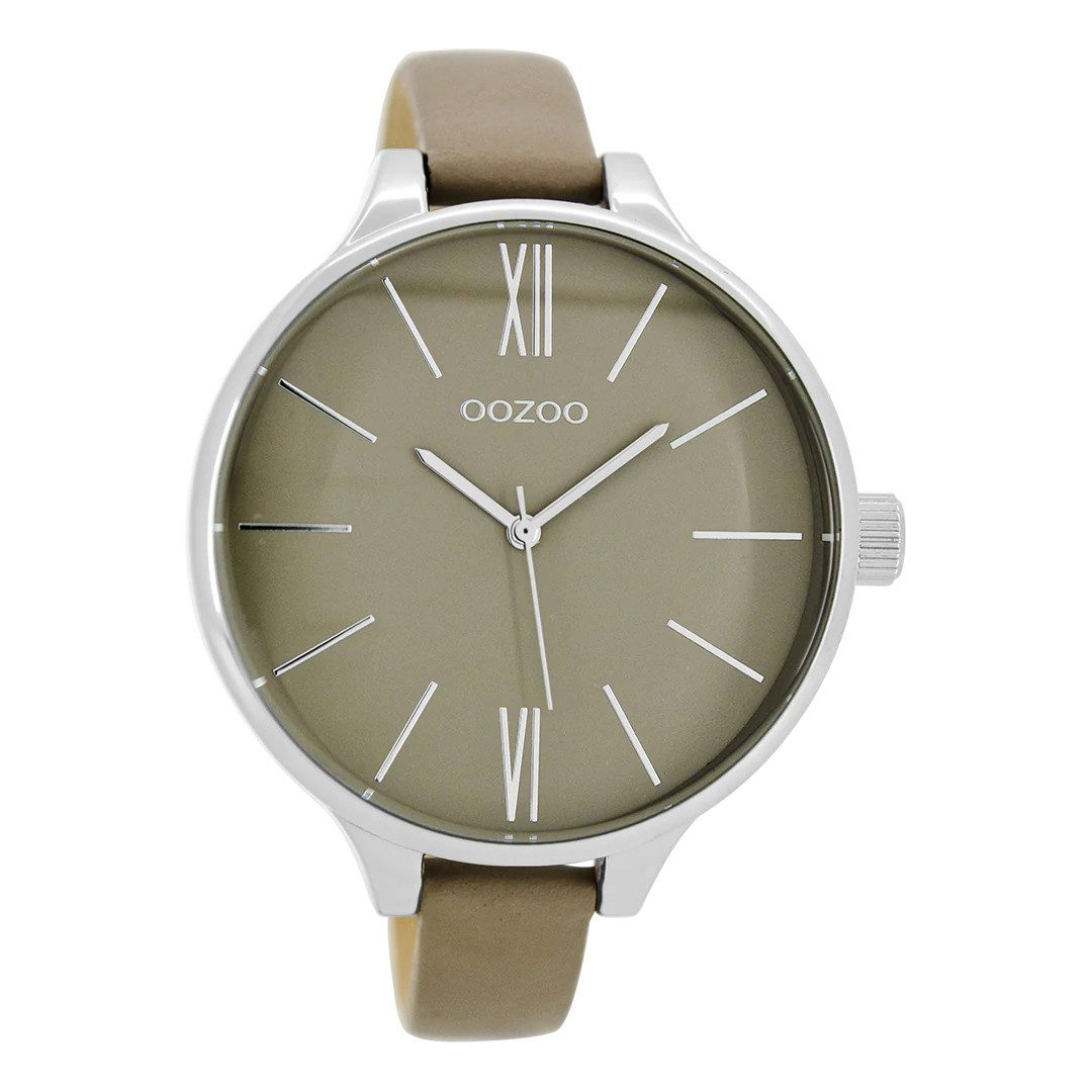 OOZOO Quarzuhr XXL Damenuhr C9543 – Silberfarbene Analoguhr mit 45mm Gehäuse und, taupe Lederarmband für elegante und moderne Looks