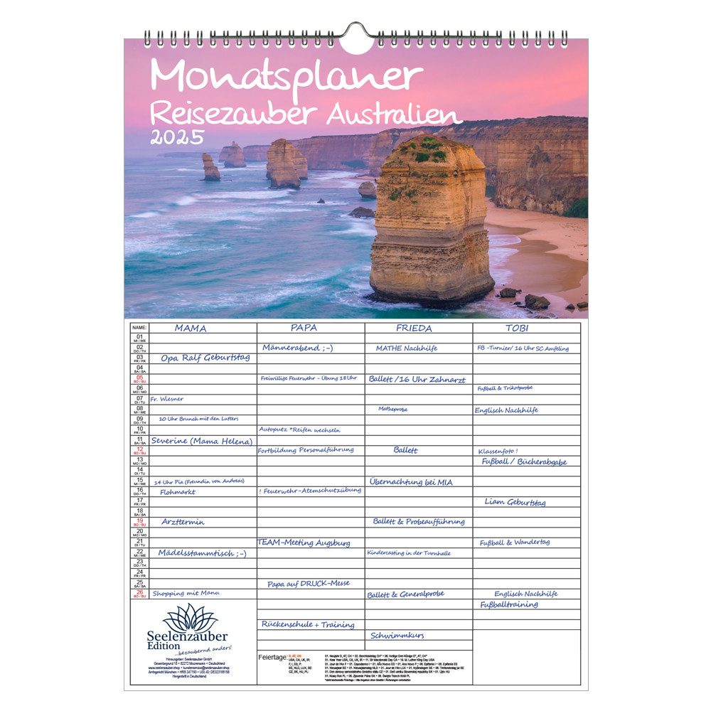 Seelenzauber Familienkalender Reisezauber Australien Familien Planer Kalender für 2025 DIN A3 Urlaub