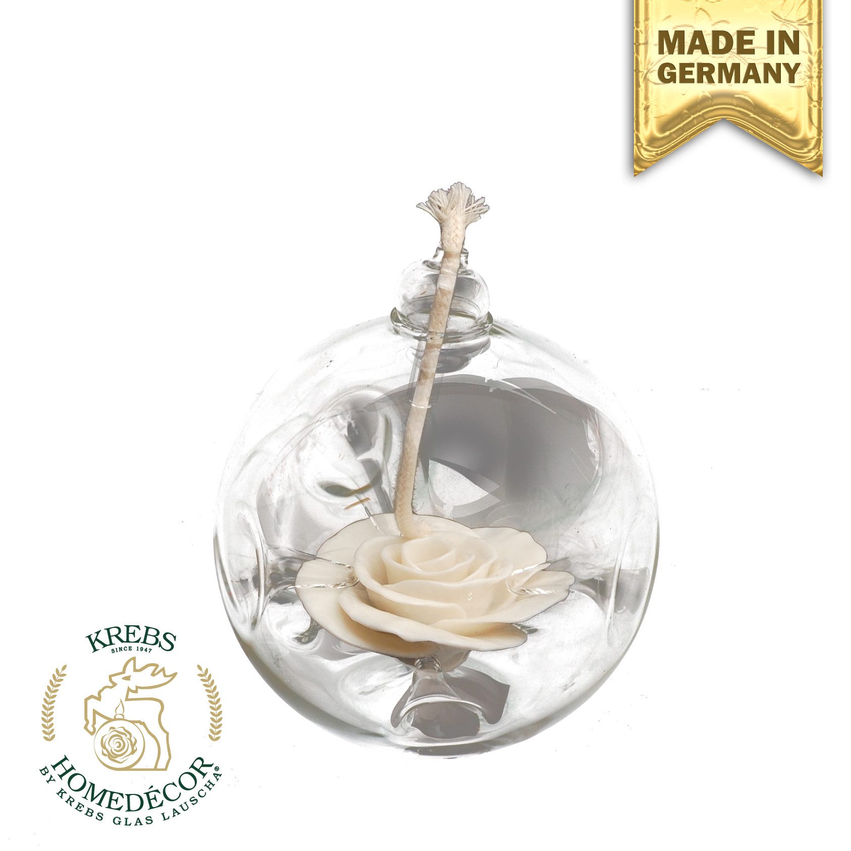 Krebs Glas Lauscha Weihnachtsbaumkugel Home Decor Glas-Öllampe mit Weißer Porzellanrose Transparent 9cm (1 St), Glas