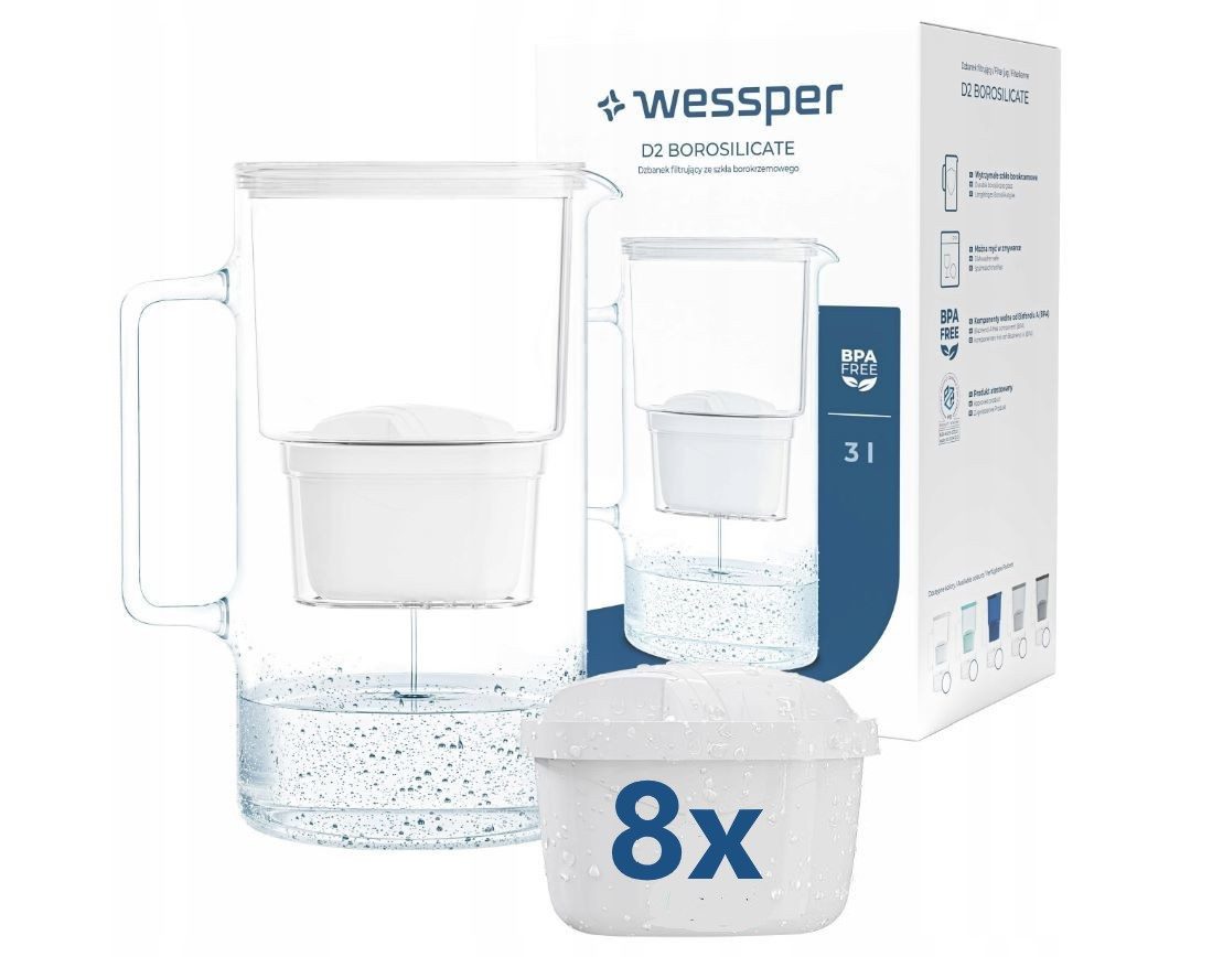Wessper Kalk- und Wasserfilter aus Glas, D2 Borosilicate Glaskanne 3,0 L inkl. 8 AQUAMAX Kartuschen, Zubehör für : kompatibel mit Brita Maxtra, Maxtra +, Reduzier Kalk, Chlor sowie Schwermetalle, bis zu 200L pro Kartusche