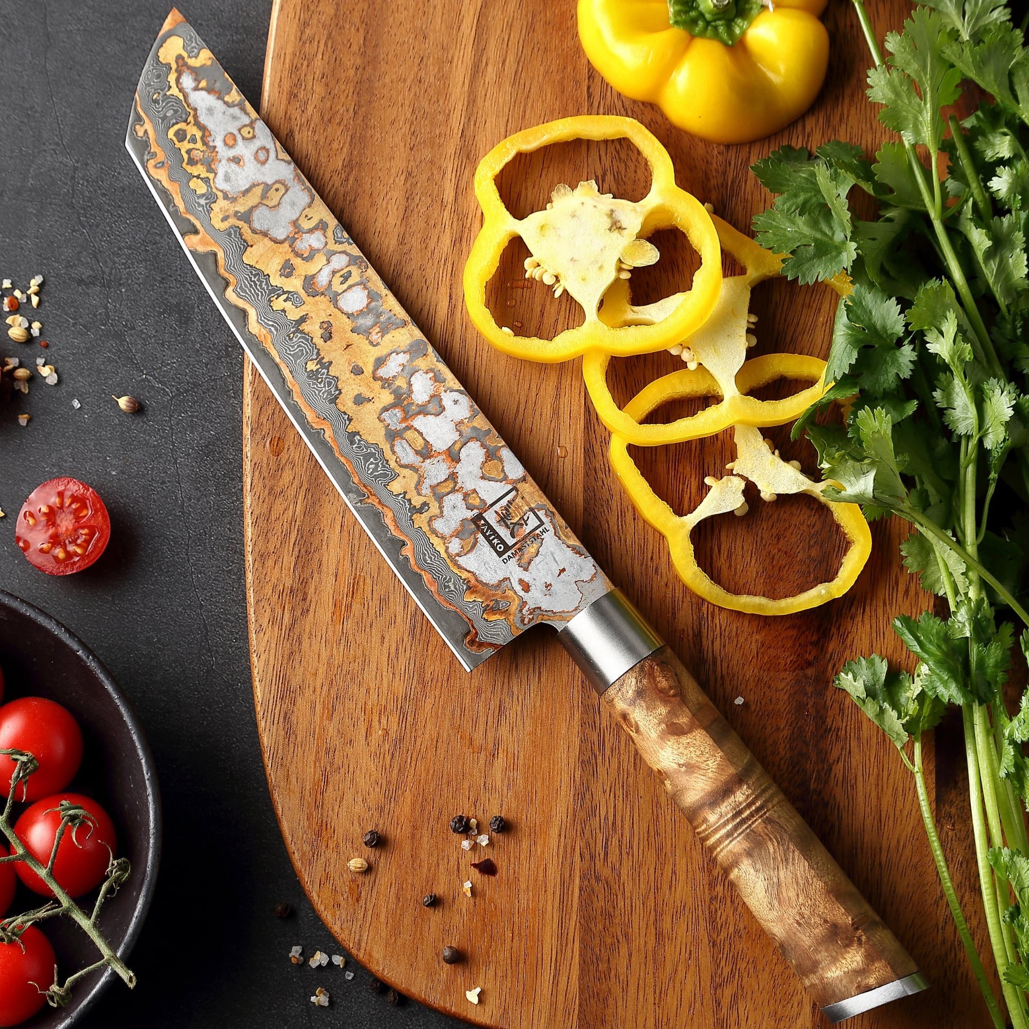 ZAYIKO Universalküchenmesser MysticMagma Tanto Küchenmesser 20,5 cm Kupfer-Bronze-Damastklinge, Damaststahl, Kupfer-Bronze-Einlage