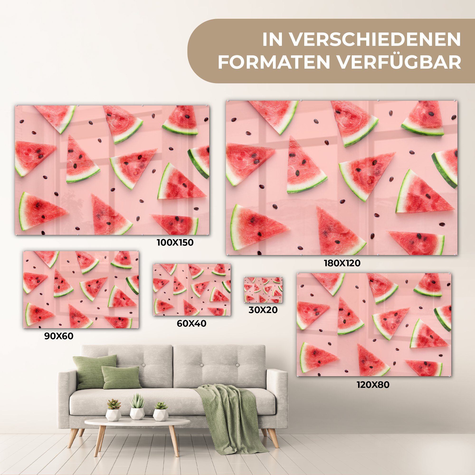 Schlafzimmer Acrylglasbilder - MuchoWow Acrylglasbild Sommer Rosa & Wohnzimmer Wassermelone (1 St), - Muster, -