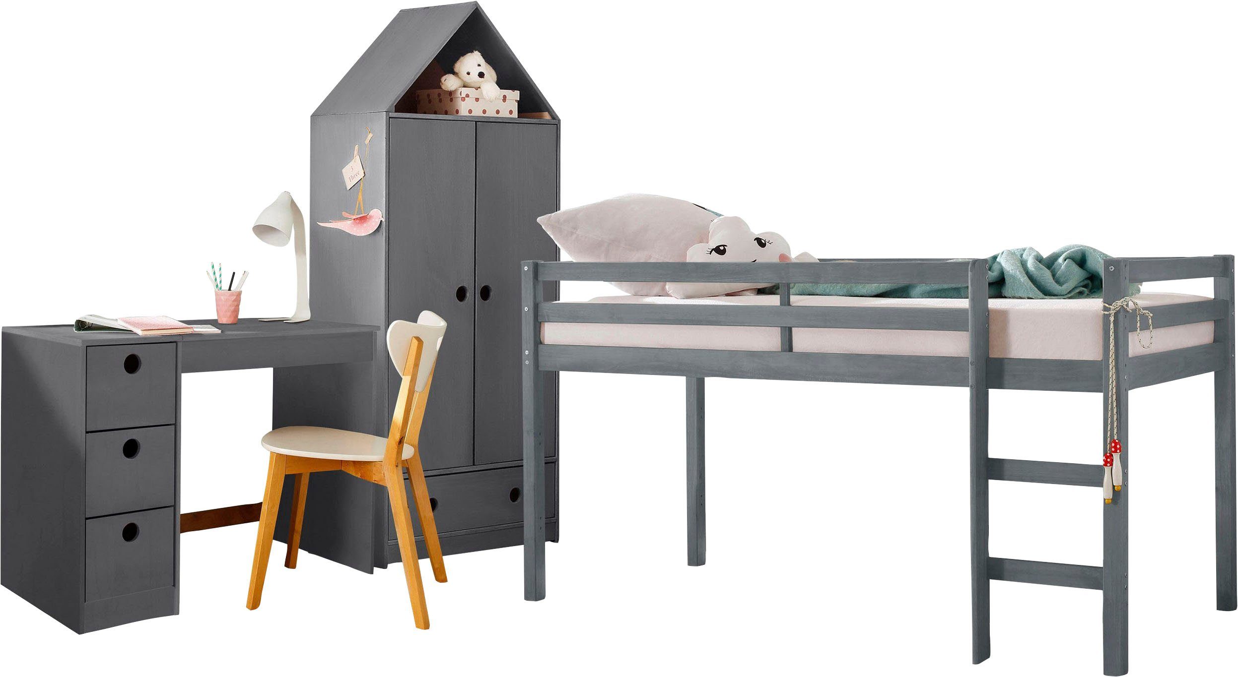 Lüttenhütt Jugendzimmer-Set Alpi, (Spar-Set, 3-St), Hochbett, Schreibtisch und Kleiderschrank in Hausoptik, platzsparend grau
