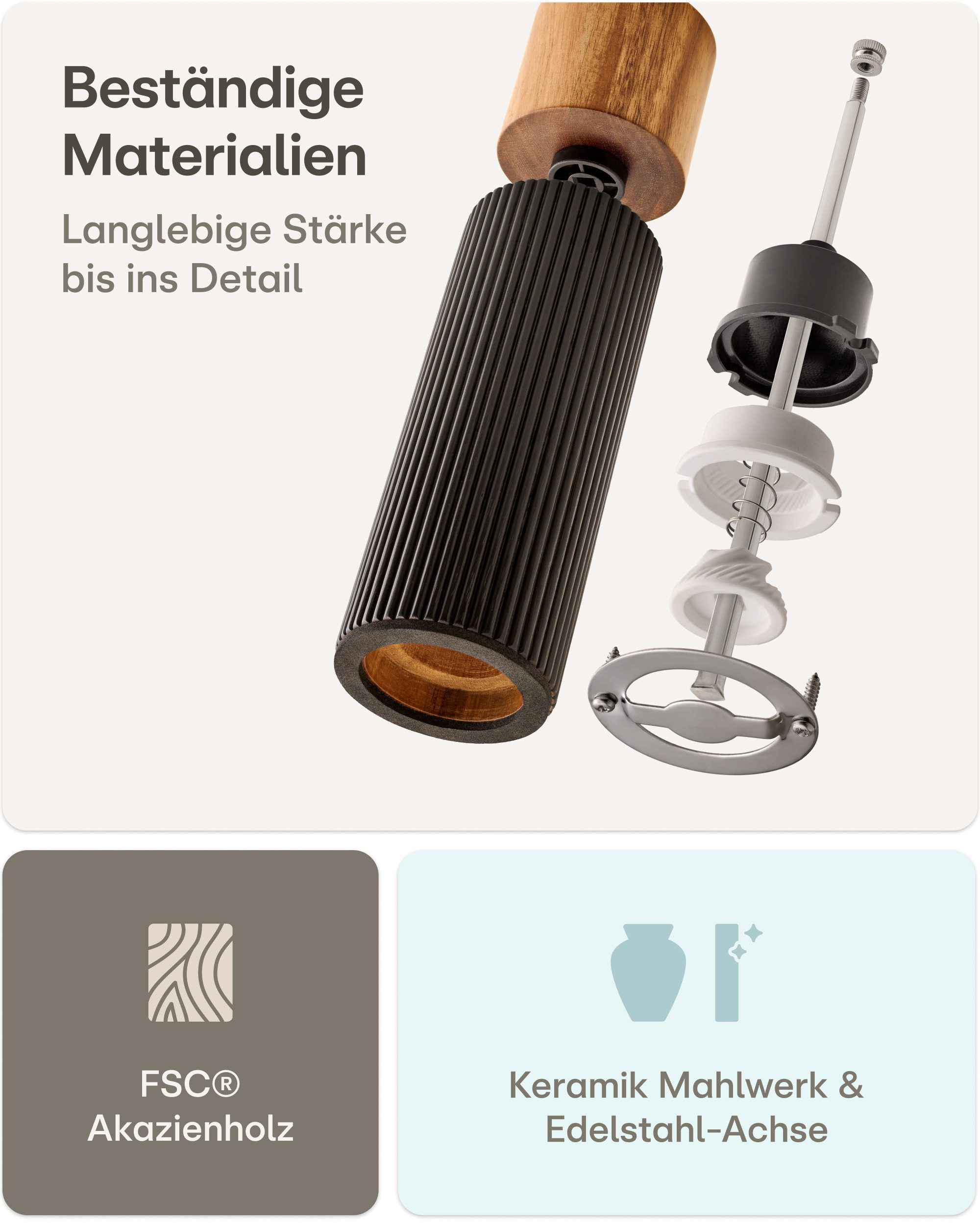 Praknu Salz- / Pfefferstreuer Salz & Pfeffermühle Set Akazien Holz – Edles Design & Keramikmahlwerk, (2er Set, 2-tlg), FSC-zertifiziert, Keramikmahlwerk, Stufenlos einstellbar, Langlebig