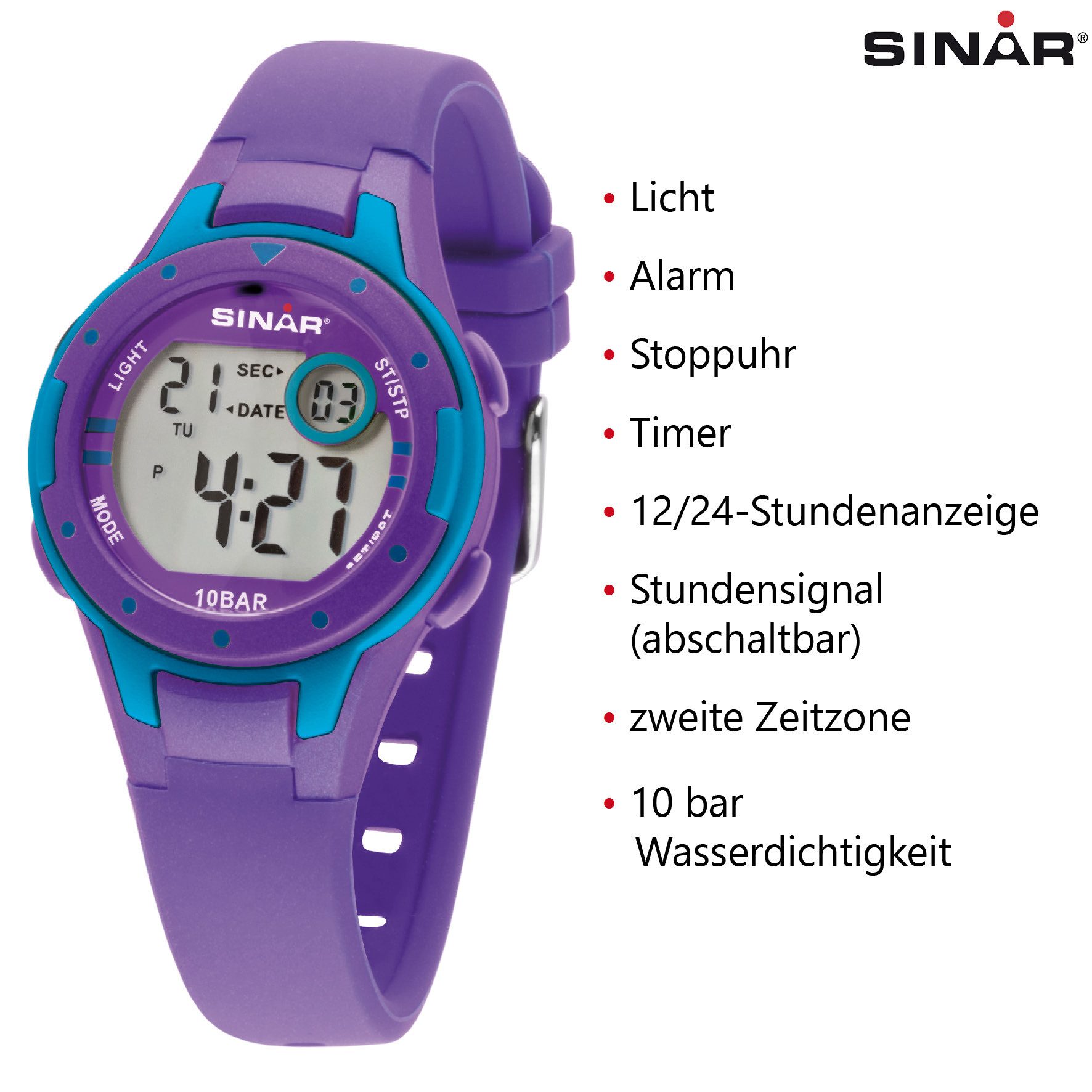 SINAR Digitaluhr XE-52 Jugenduhr Sportuhr Silikonband 10 bar, digital sportlich modern Geschenkidee Jugend Kids Ø 32 mm