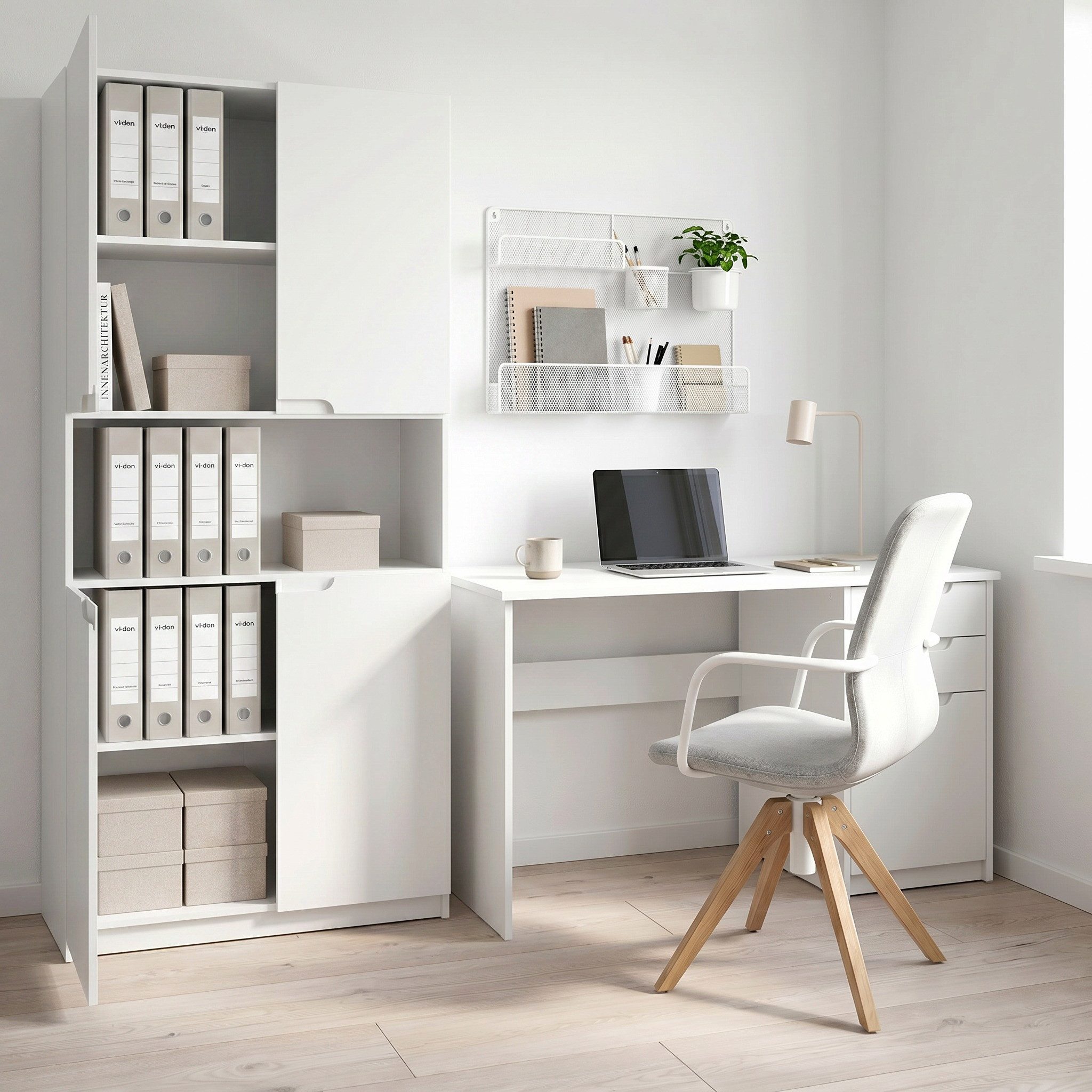 Vladon Aktenschrank Logan V2 (Aktenschrank, mit 5 Fächern und 4 Türen) Weiß matt/Eiche Natur (82 x 184 x 37 cm) – Bild 2 von 5