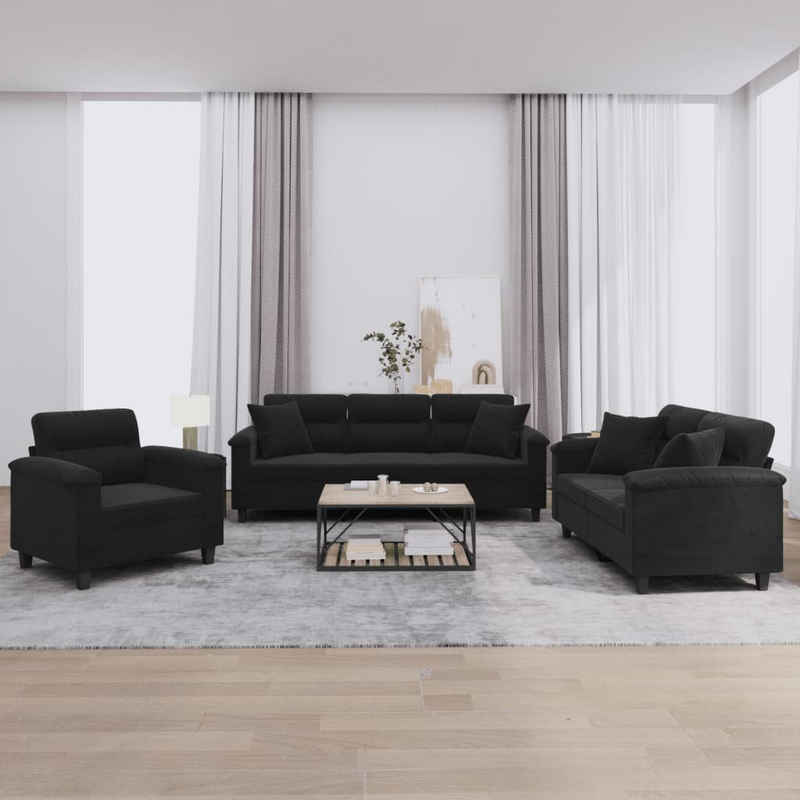 vidaXL Sofa 3-tlg. Sofagarnitur mit Kissen Schwarz Mikrofasergewebe