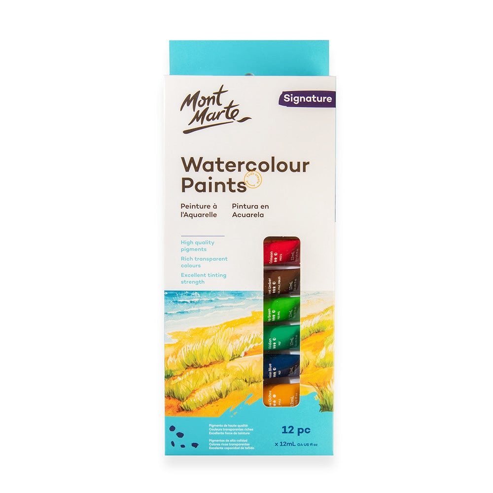 Mont Marte Aquarellfarbe 12 / 24 x 12ml–Hochpigmentierte Watercolour mit brillanter Transparenz, Brillante Farbverläufe und lebendige Lasuren für kreative Maltechniken