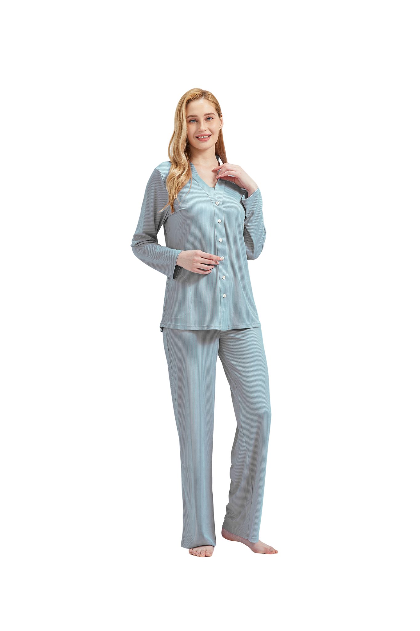 3 Top RAIKOU Damen Damenwäsche (Set, incl.Jacket V-Ausschnitt Pyjama-Set Blaugrau Schlafanzug Hose tlg)