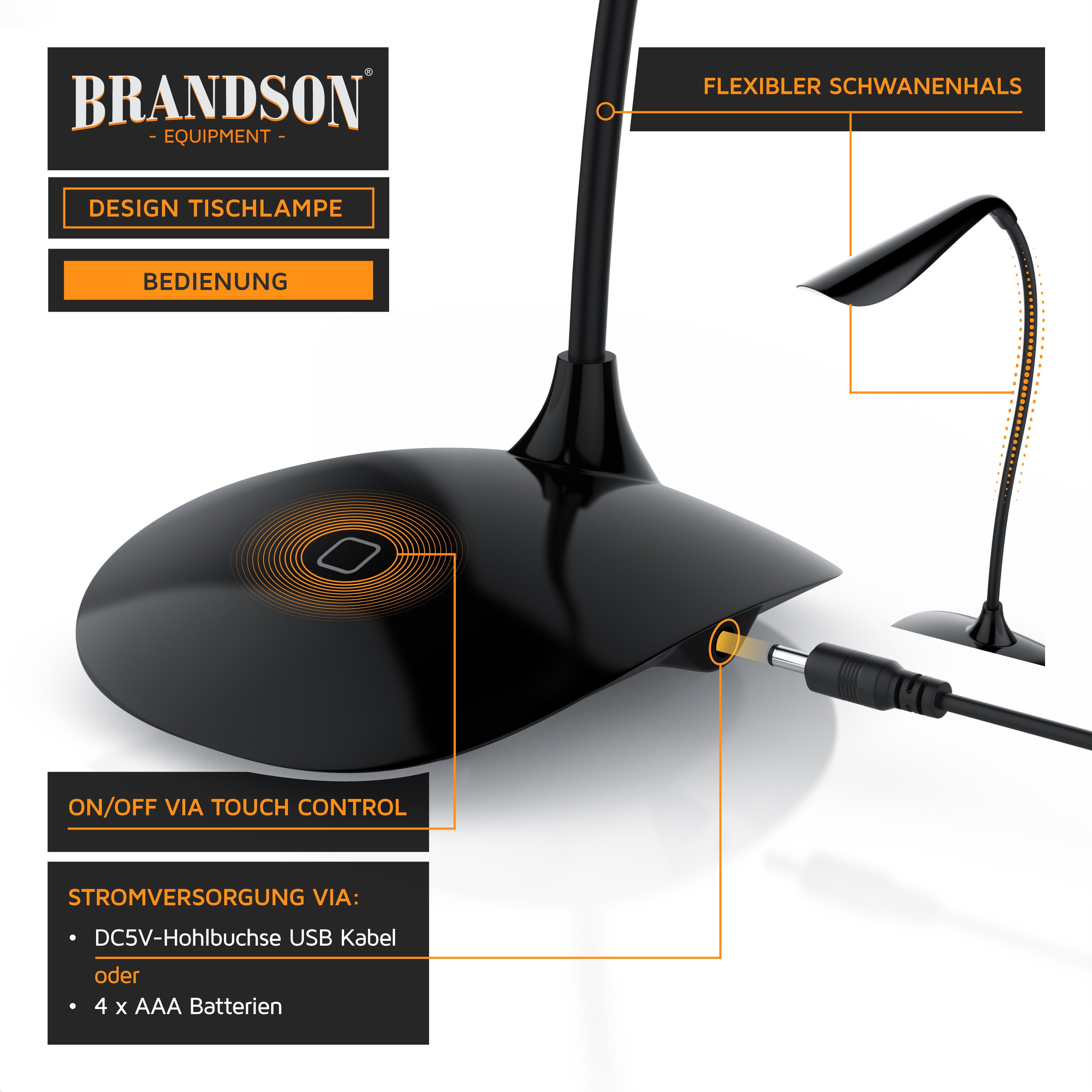 Brandson Schreibtischlampe Bürolampe, Tischleuchte, leuchtstarke 70 Lumen, Energiesparend, 3 Watt, mehrere Helligkeitsstufen, LED fest integriert, warmweiß, Stromsparend, 3 Helligkeitsstufen, Batteriebetrieb möglich