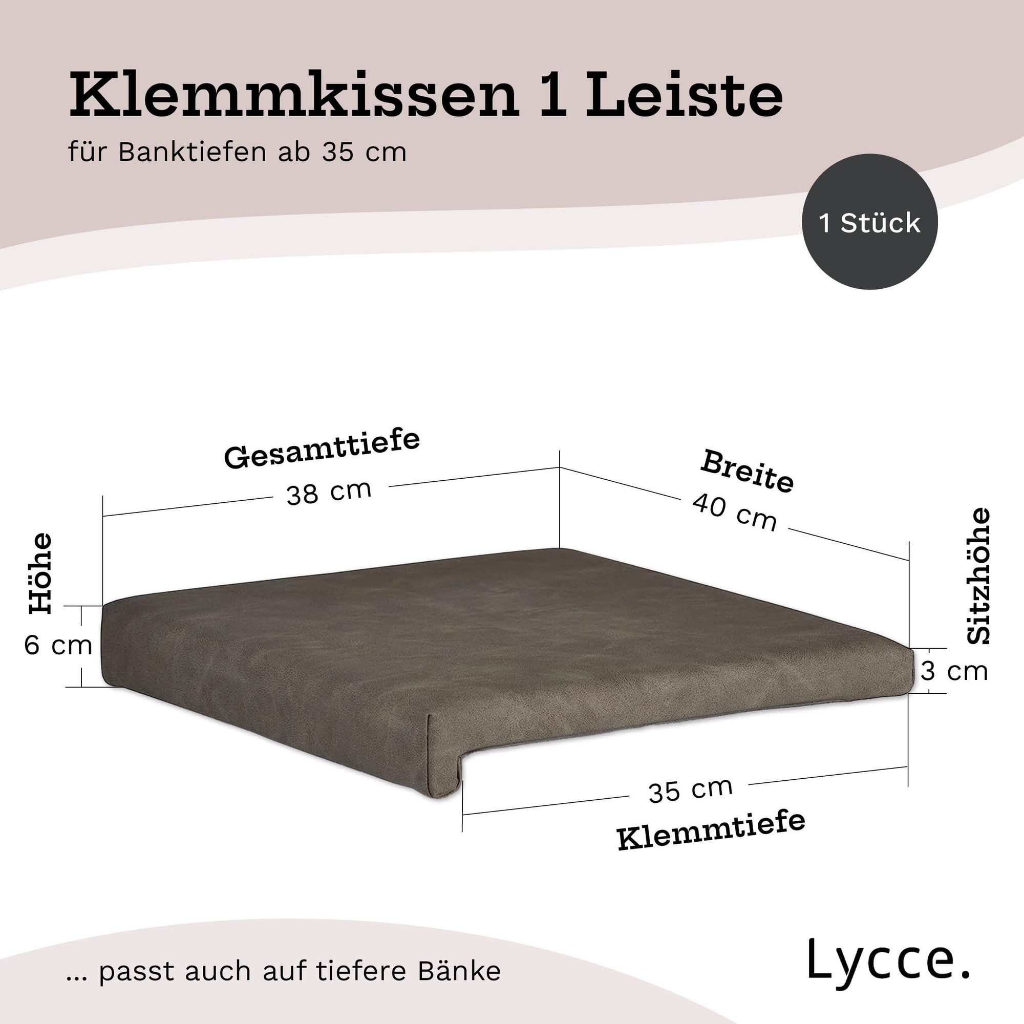 Lycce Bankauflage Sitzkissen Klemmkissen mit 1 Leiste, 35cm Klemmtiefe, Kunstleder, (1 St), weich gepolstert, verrutscht nicht, made in germany