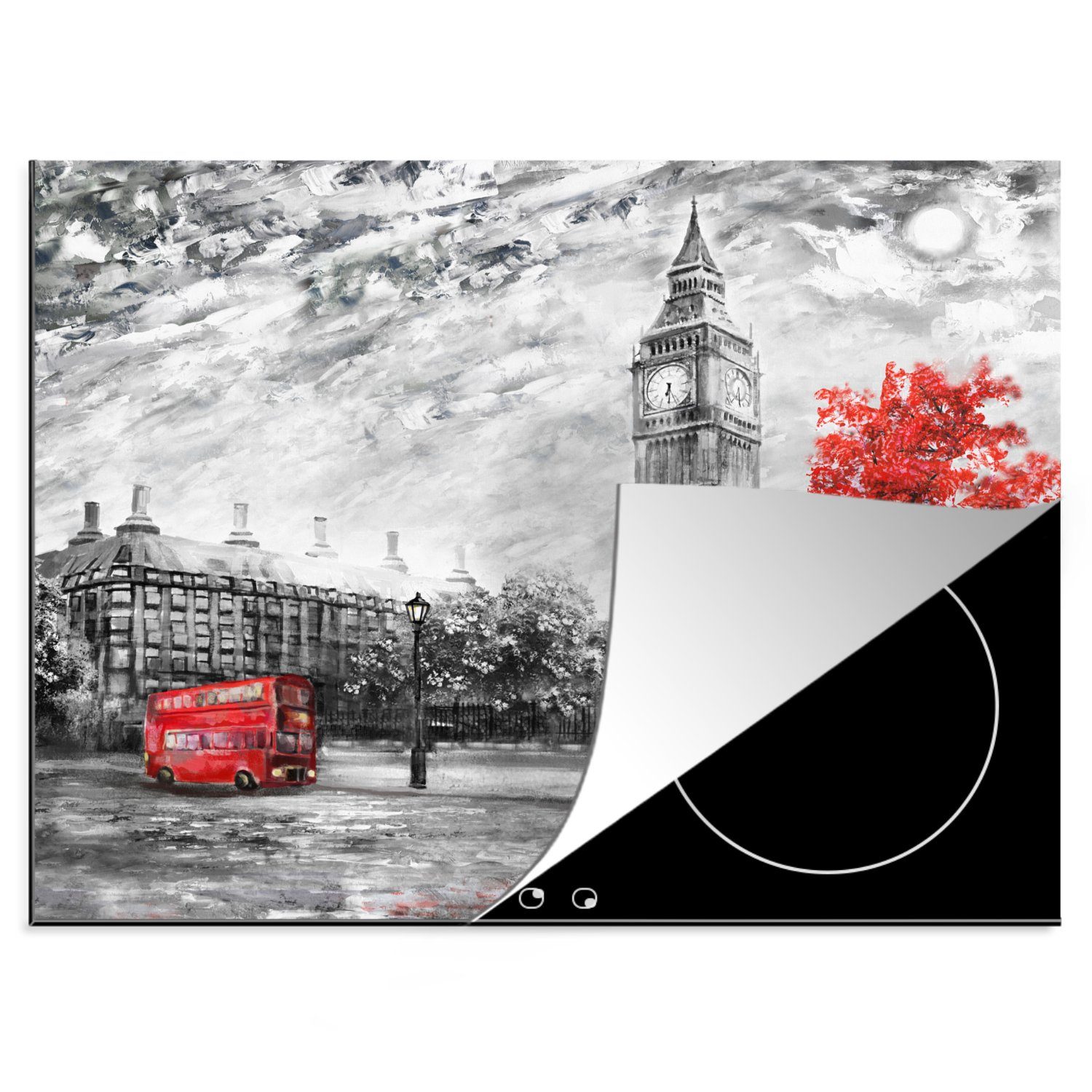 MuchoWow Herdblende-/Abdeckplatte Gemälde - Big Ben - Rot - Regenschirm, Vinyl, (1 tlg), 60x52 cm, Mobile Arbeitsfläche nutzbar, Ceranfeldabdeckung