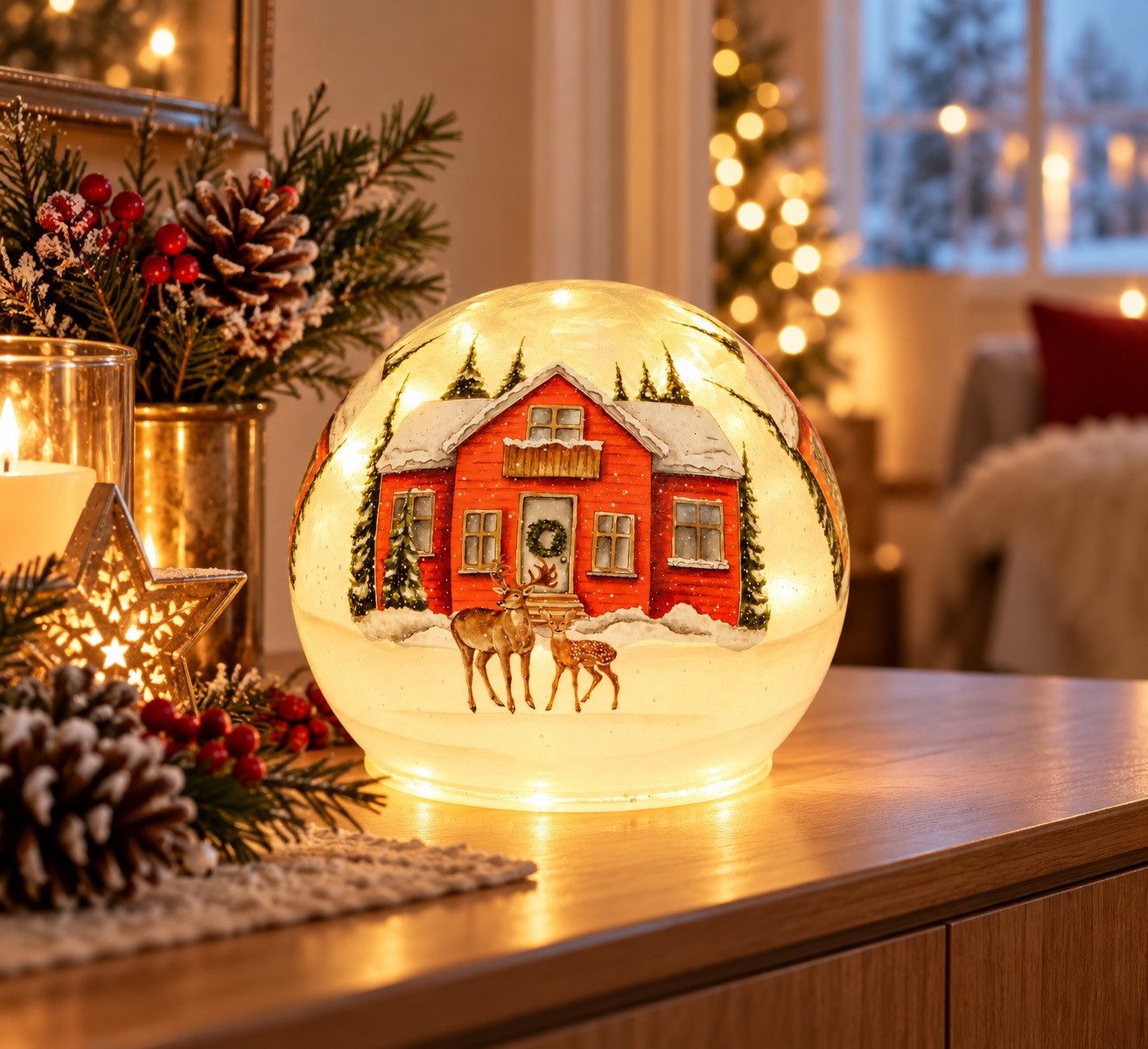 formano LED Kugelleuchte LED Deko Kugel Glas, 12 cm, Winterlandschaft in geeister Optik, Timer