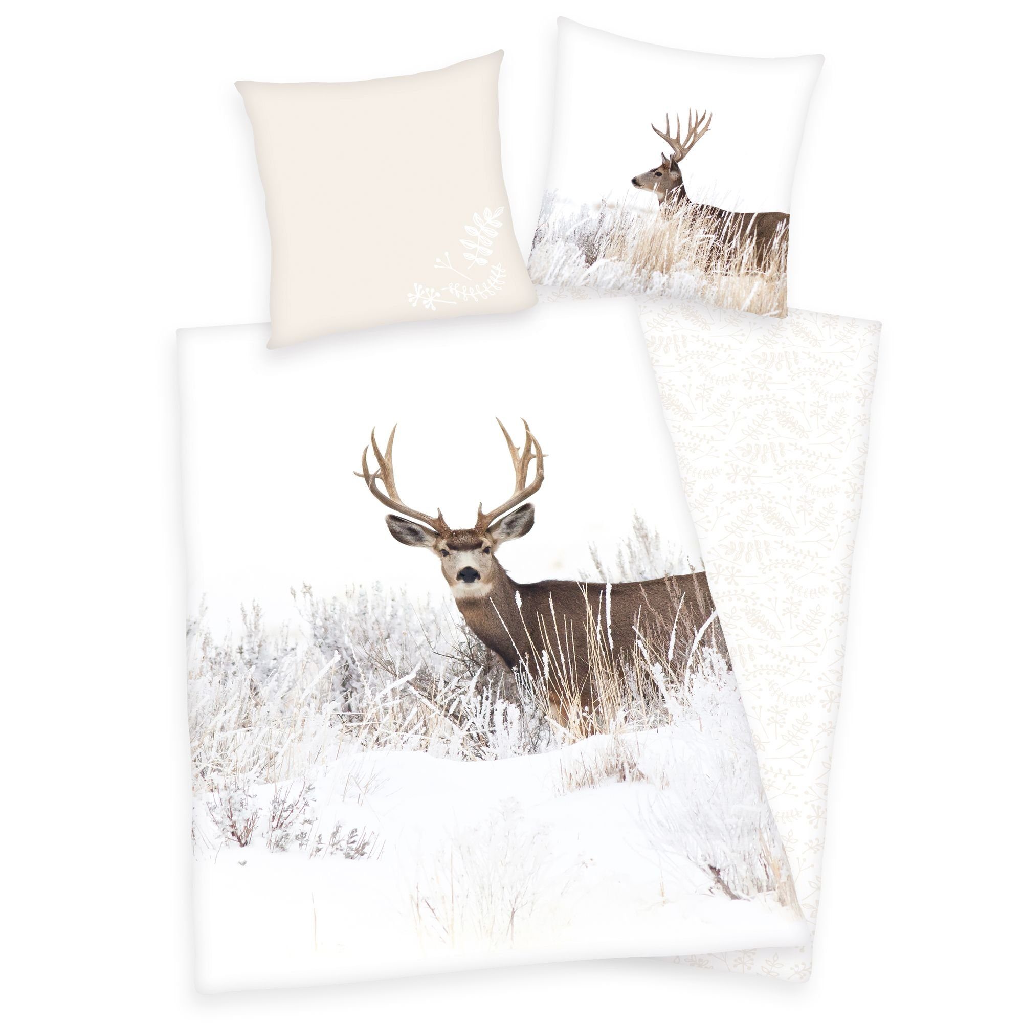 Herding Bettwäsche Flanell Bettwäsche Set Winterlandschaft Hirsch 2tlg. Biber 155x220 cm