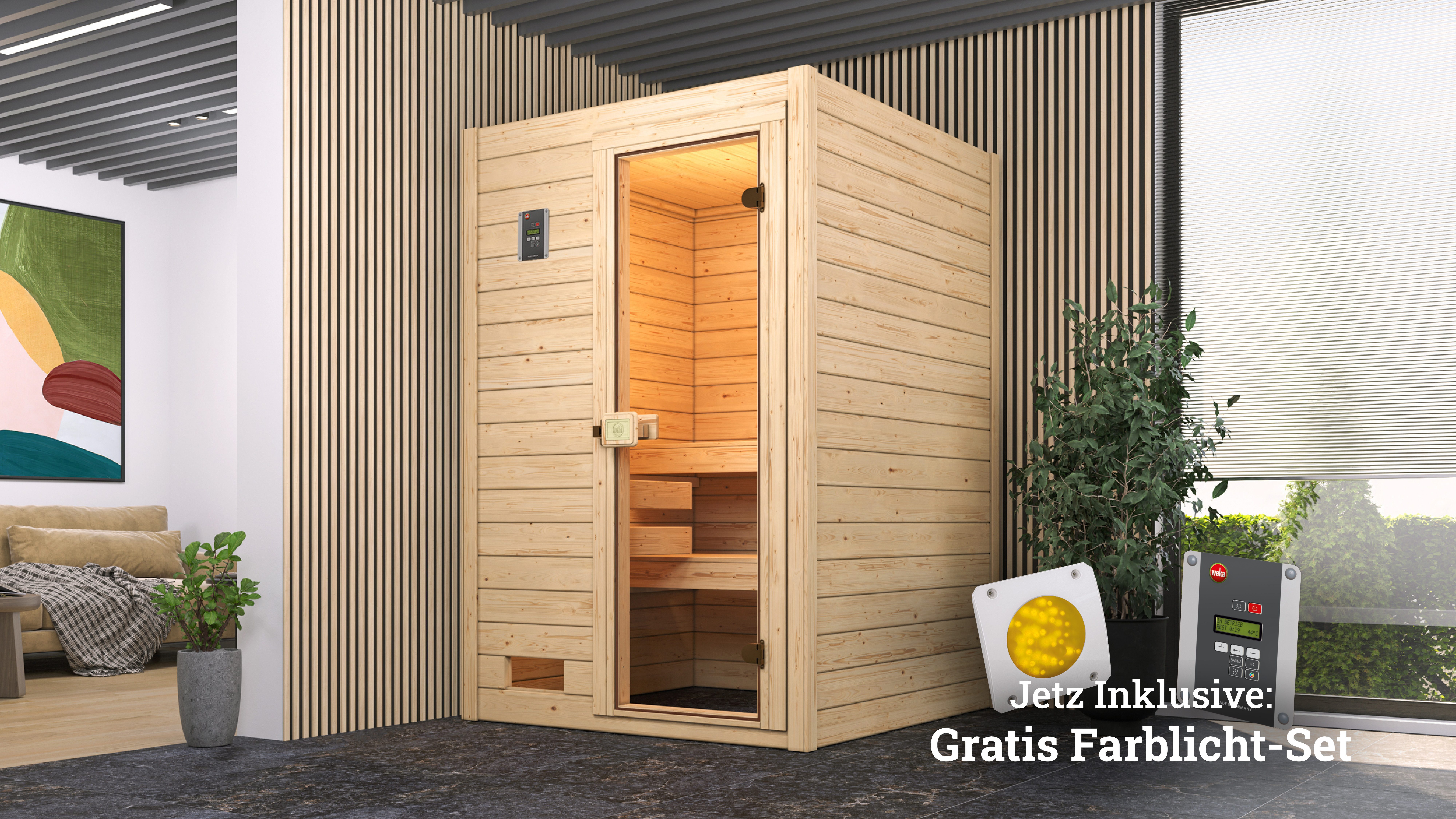 weka Sauna Valida, BxTxH: 139 x 139 x 203,5 cm, 38 mm, (Set) 4,5 kW-Ofen mit digitaler Steuerung