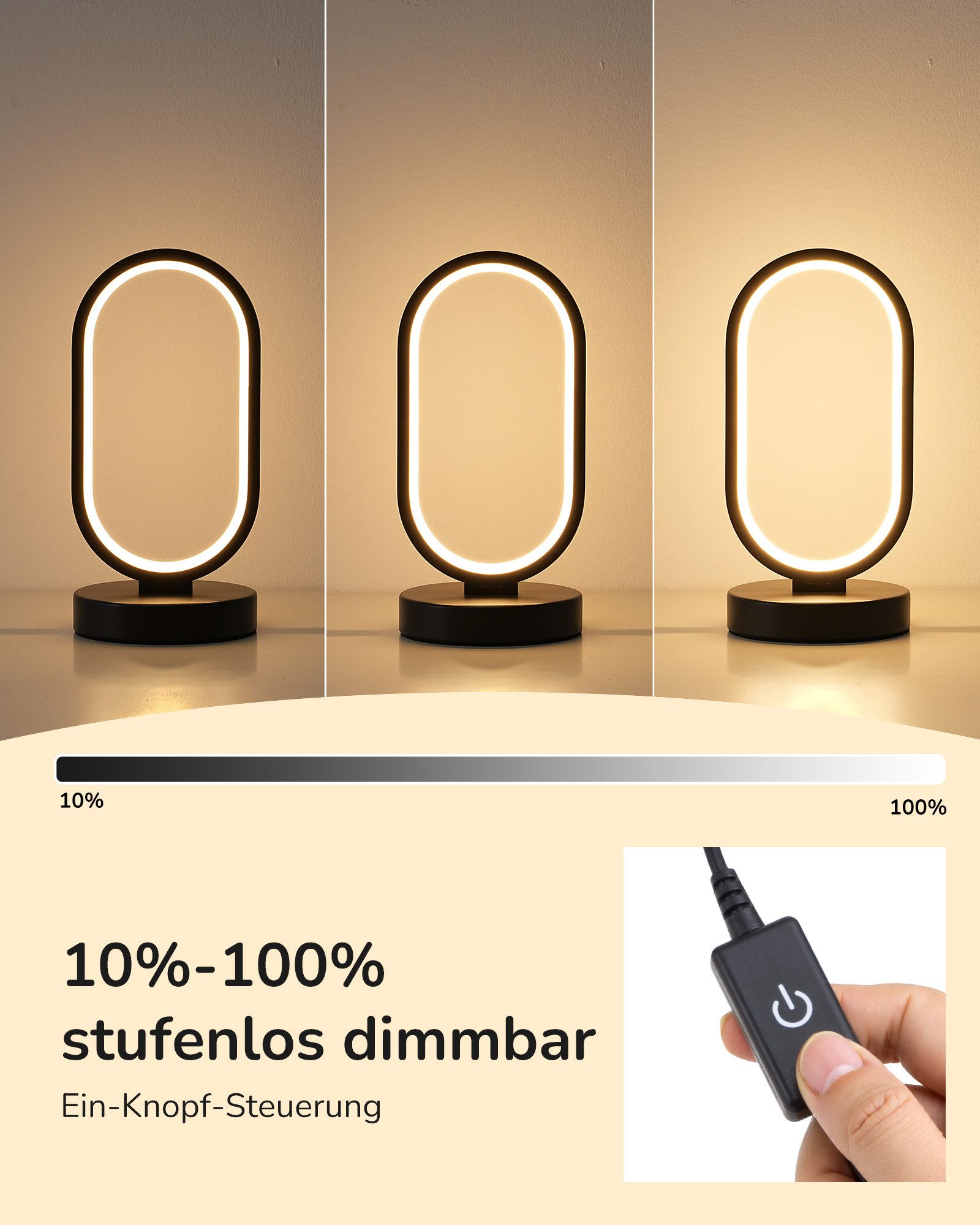 EDISHINE LED Nachttischlampe Schreibtischlampe touch dimmbar, LED fest integriert, 3000k-4000k-6500k, 3 Farbtemperaturen, stufenlose Dimmung