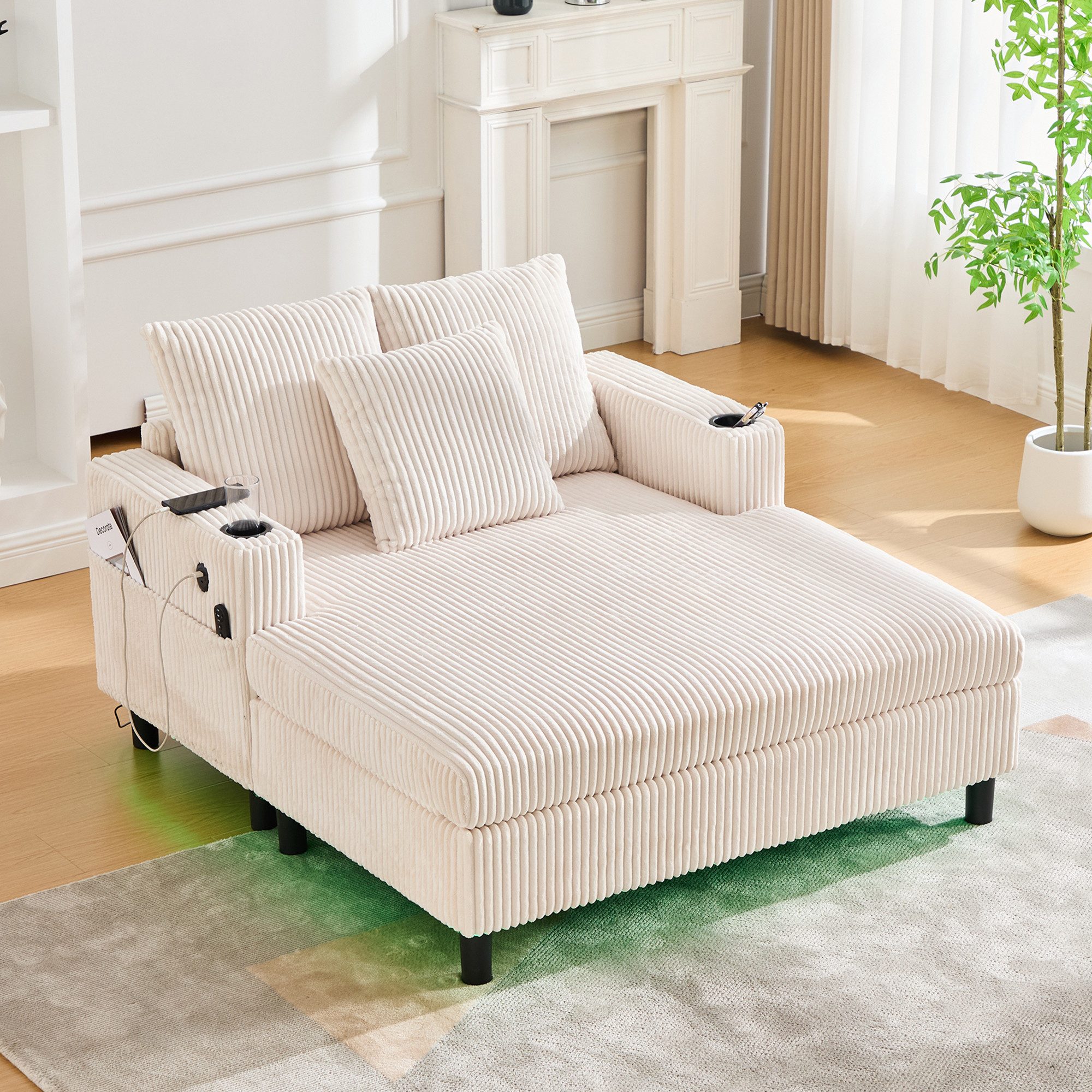 KLAM HOME Loungesofa Premium Chaiselongue mit praktischen Getränkehaltern & USB-Anschlüssen, Integrierte LED-Beleuchtung für Wohlfühlatmosphäre, für Wohnzimmer, Schlafzimmer und Wintergärten
