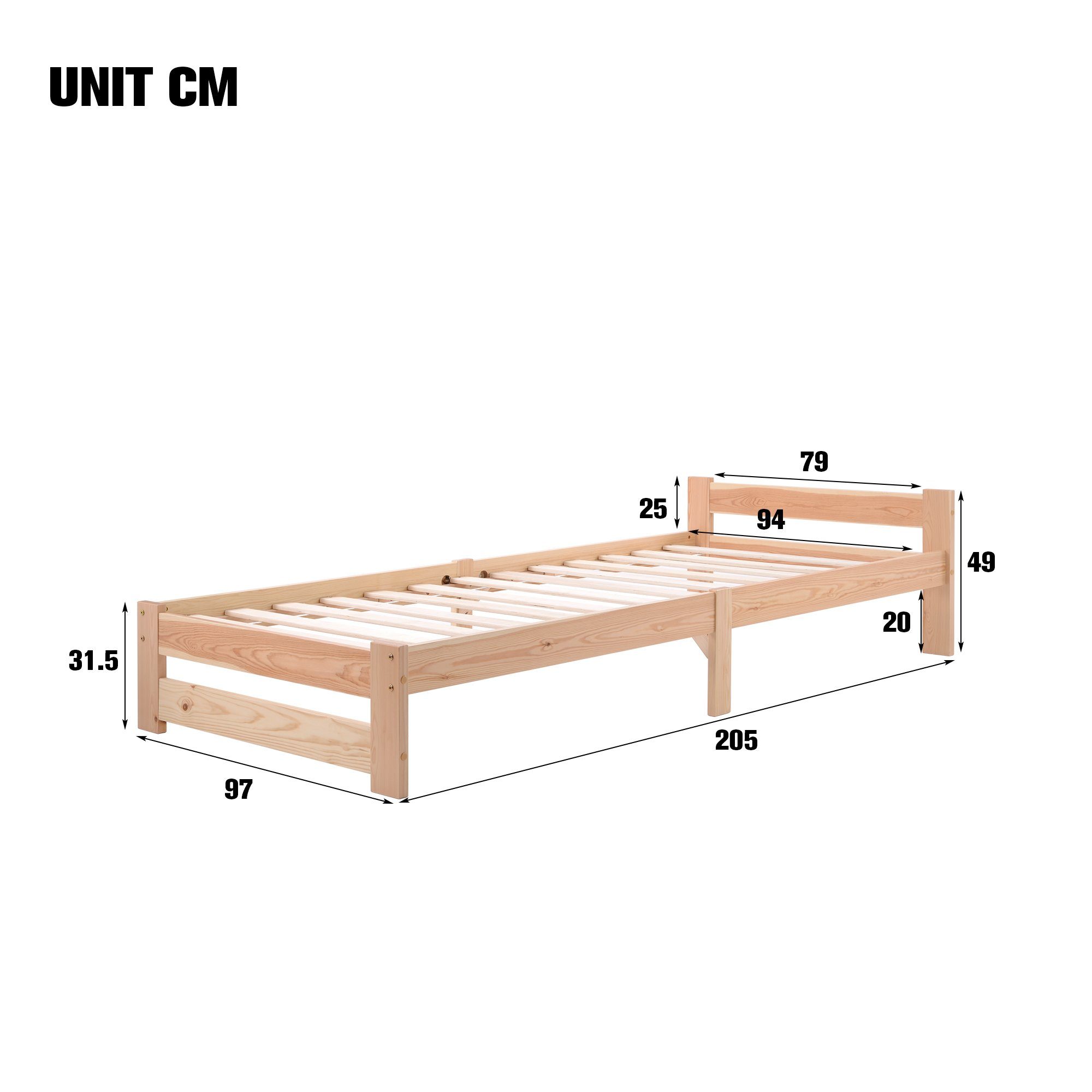 Futonbett, Massivholzbett Einzelbett mit Kopfteil und Lattenrost, 200x90cm