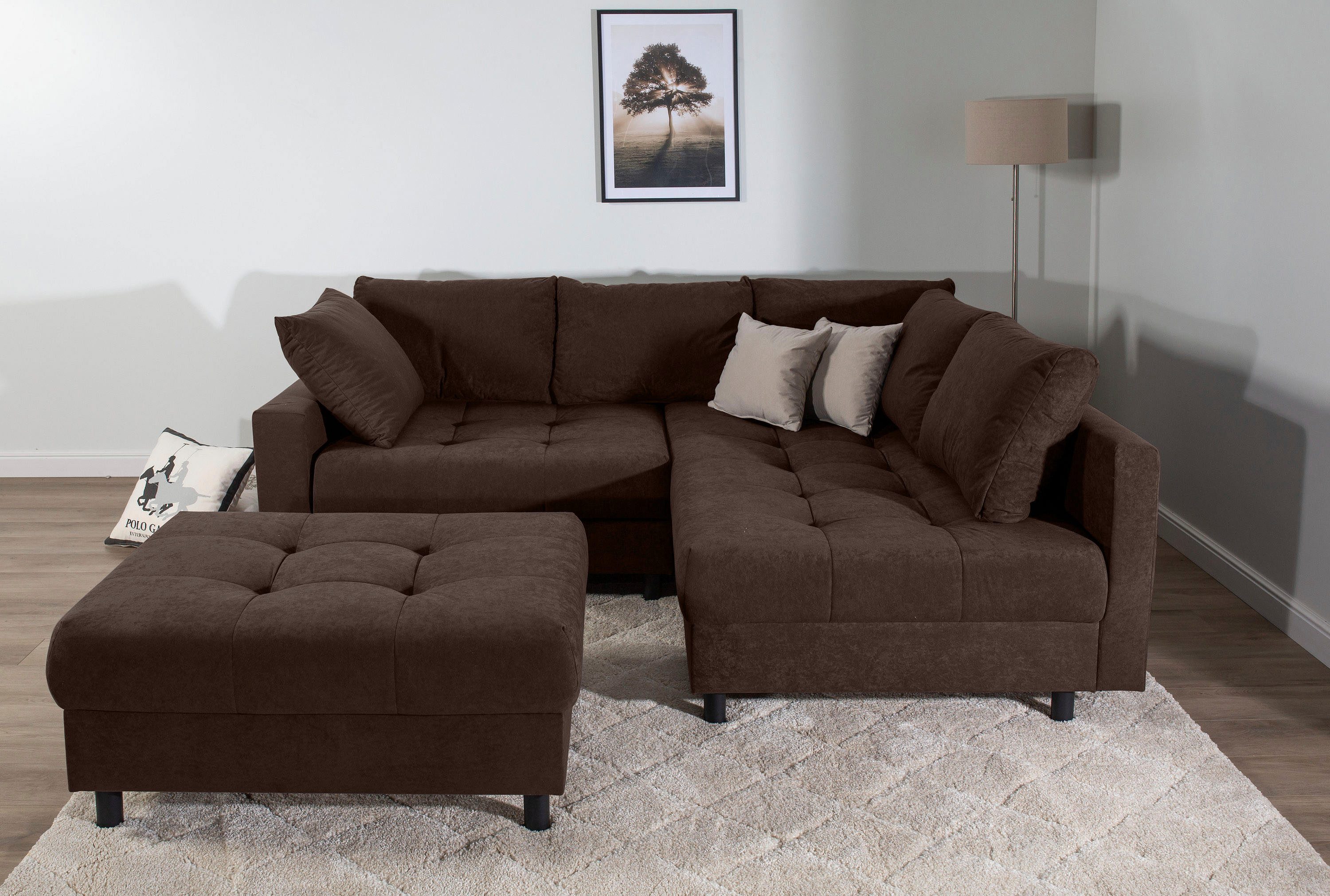 COLLECTION AB Ecksofa Toni L-Form, B: 215 cm, XXL-Liegefläche 178x190 cm mit Hocker, Set: Sofa & Hocker, 2 Zierkissen, Federkern, frei stellbar