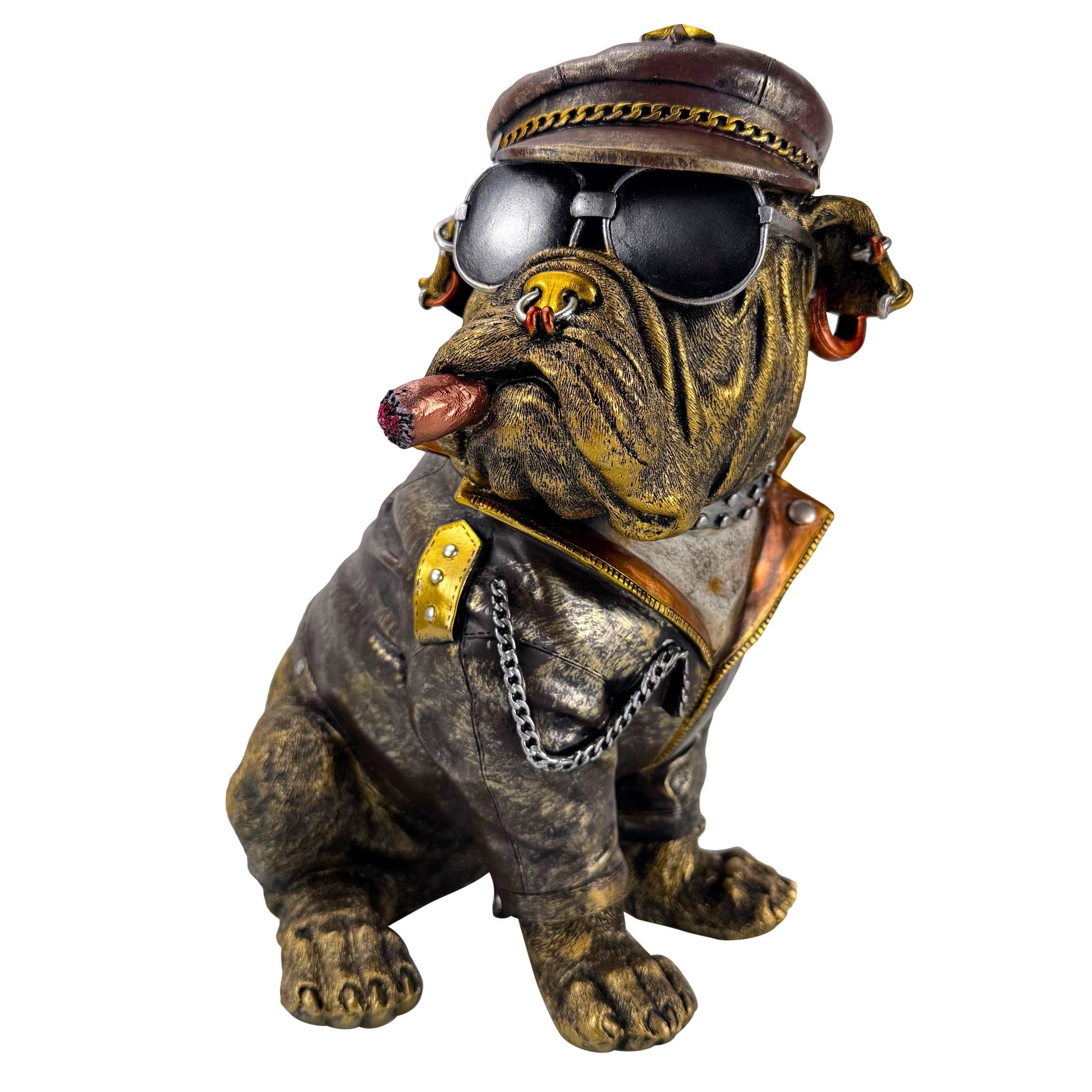 Online-Fuchs Dekofigur Bulldogge im coolen Biker-Look mit Lederjacke - Gartenfigur für außen (cooler Style mit Sonnenbrille und Zigarre, 34 cm groß), aus Kunstharz (Polyresin) - für den Innen- und Außenbereich