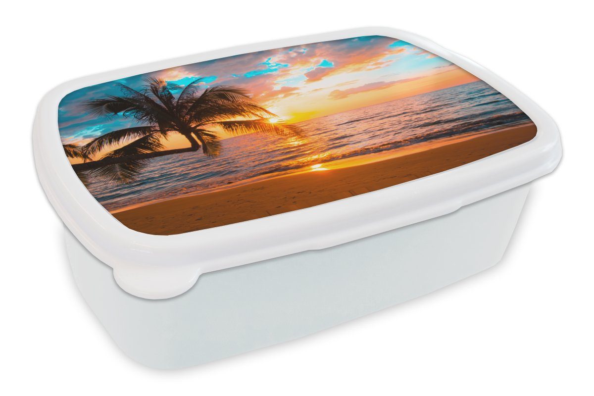 MuchoWow Lunchbox Palme - Sonnenuntergang - Horizont - Strand - Meer - Tropisch, Kunststoff, (2-tlg), Brotbox für Kinder und Erwachsene, Brotdose, für Jungs und Mädchen weiß
