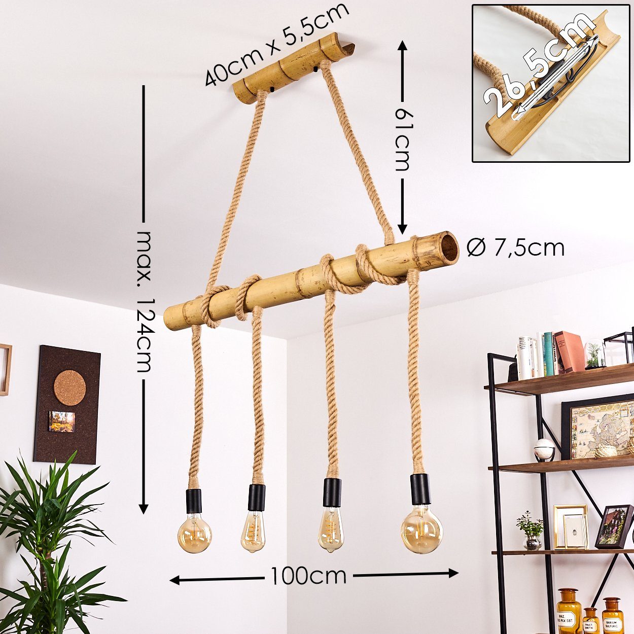 hofstein Hängeleuchte »Chalpe« Hängelampe aus Bambus/Kordel in Braun/Natur, ohne Leuchtmittel, 4xE27, mit Babumsstab im Retro/Vintage-Design, Höhe max. 122cm