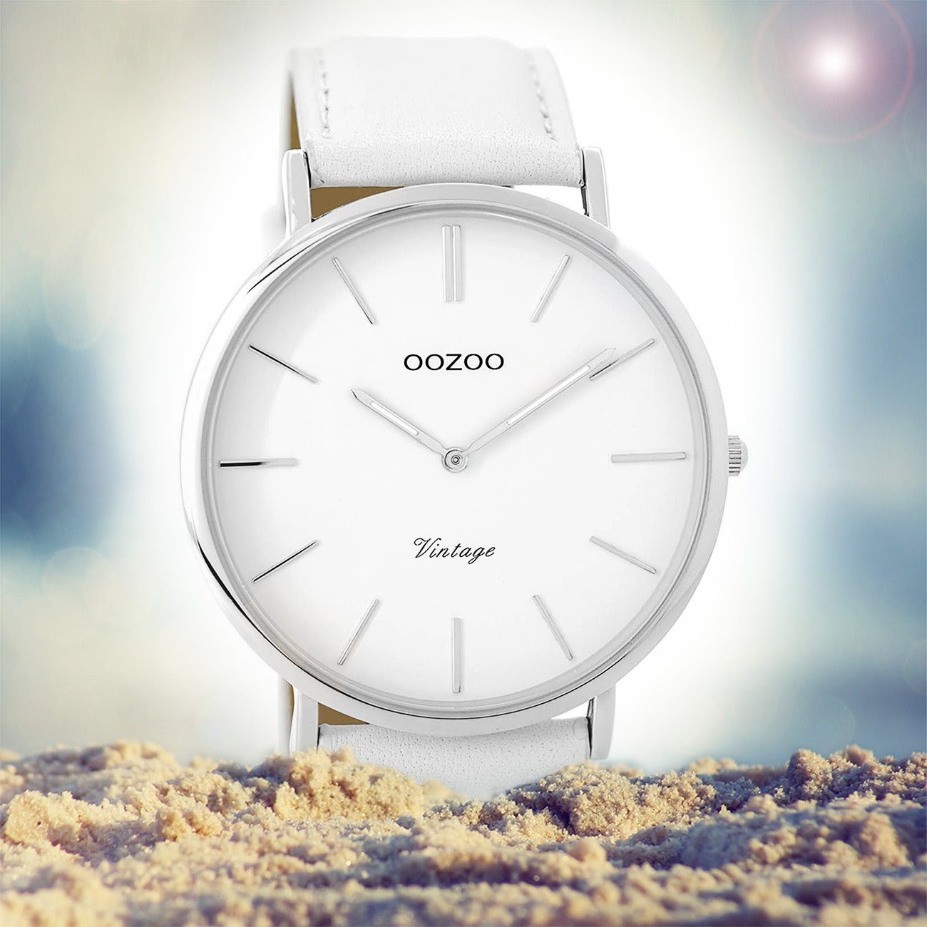 Fashion weiß groß Lederarmband Damenuhr Analog, Quarzuhr Damen Armbanduhr rund, Oozoo weiß, 45mm), (ca. OOZOO