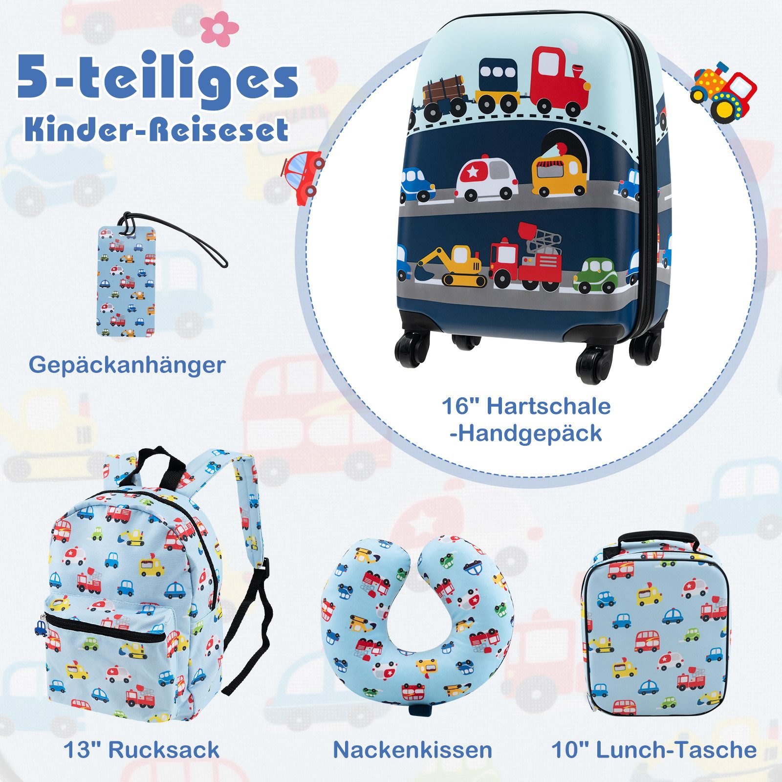 COSTWAY Kinderkoffer Set, 4 Rollen, 5 teiliges Trolley mit Handgepäck, Kissen