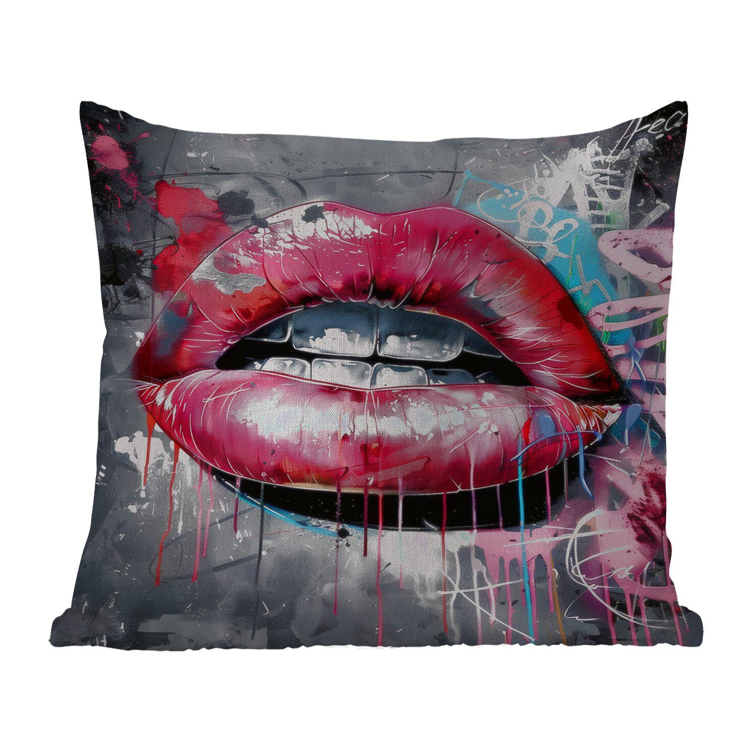 MuchoWow Dekokissen Lippen - Leuchtendes Rosa - Graffiti - Farbstreifen, Kissenhülle für den Außenbereich, Outdoor, Kissen, 60x60 cm