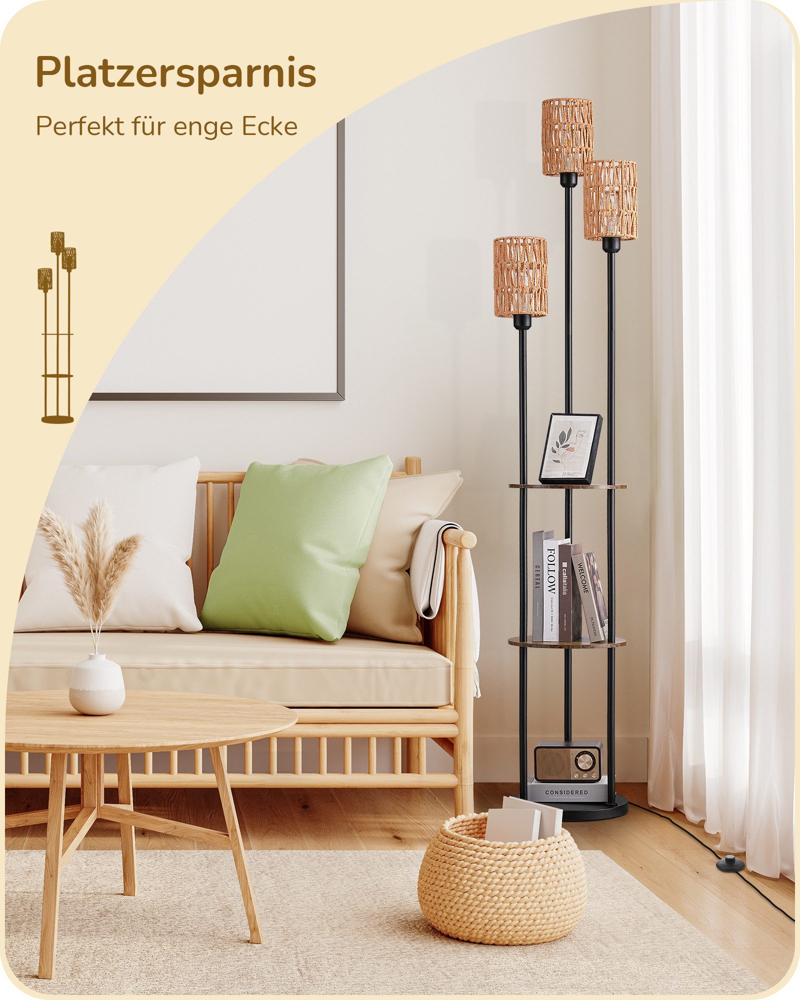EDISHINE Stehlampe Wohnzimmer, LED wechselbar, warmweiß, Boho Stehlampe, 3-flammige Standleuchte mit Regalen
